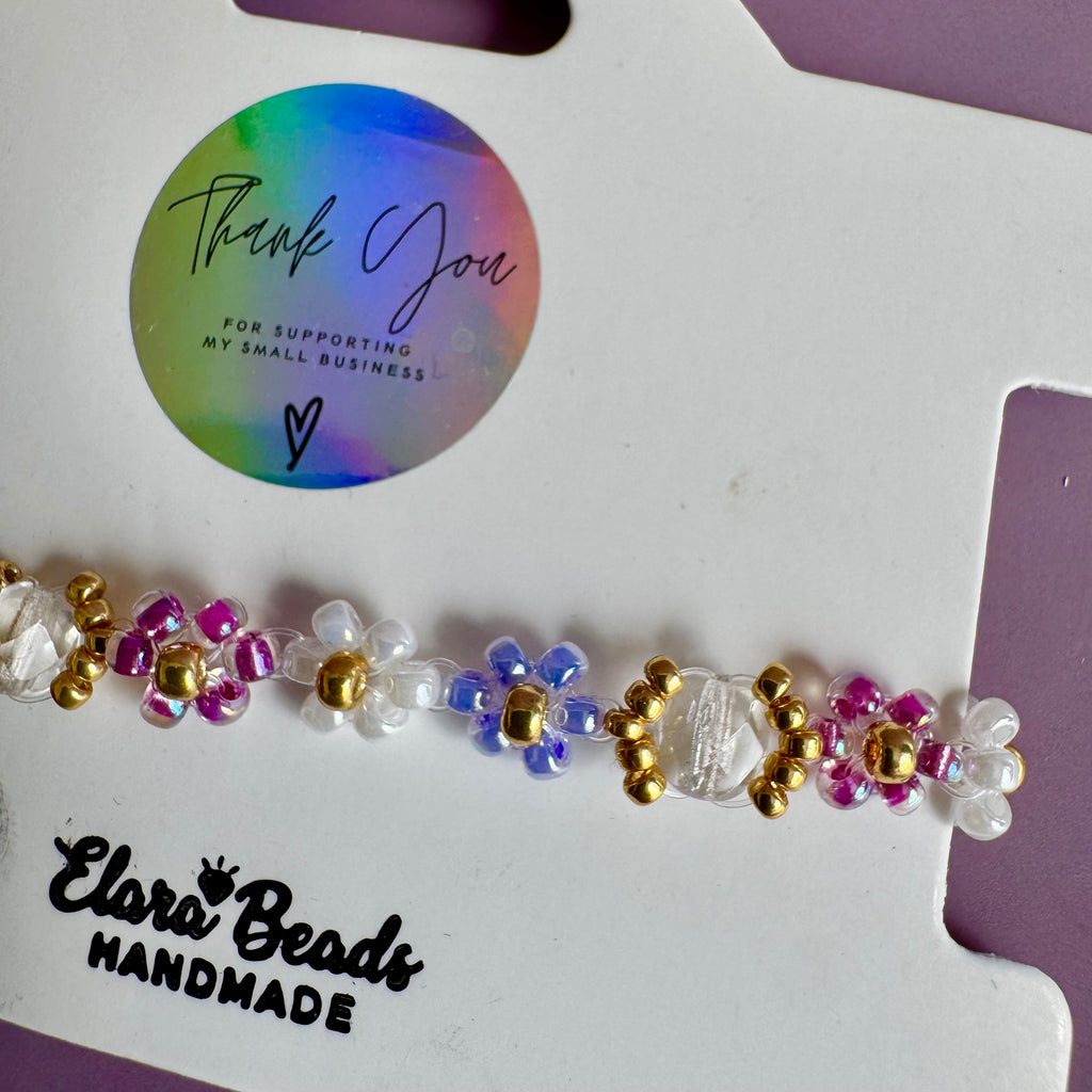 18k Gold Filled Flower Beaded Bracelet in Lilac, White and Purple