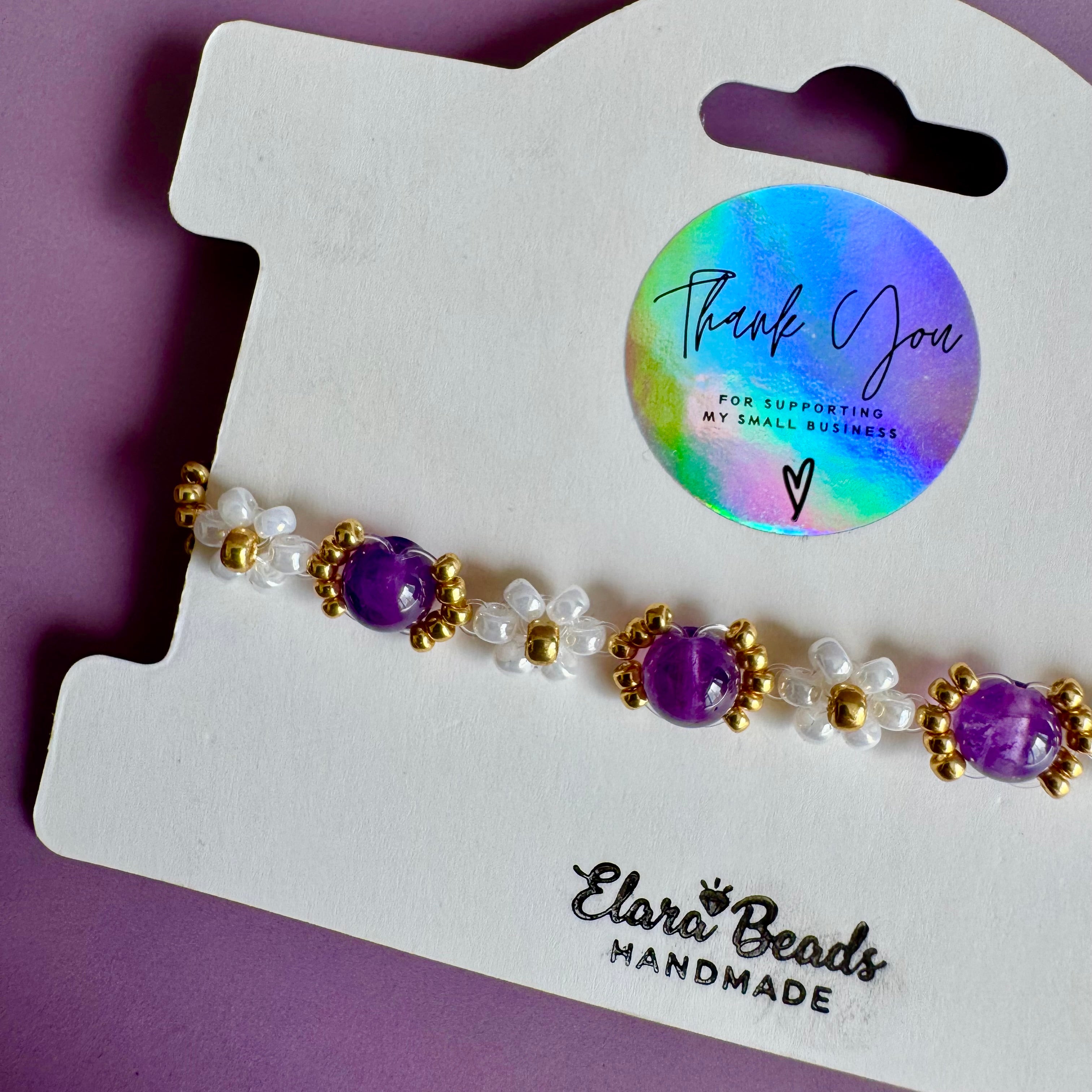 18k Gold Filled White Flower and Genuine Amethyst Bracelet