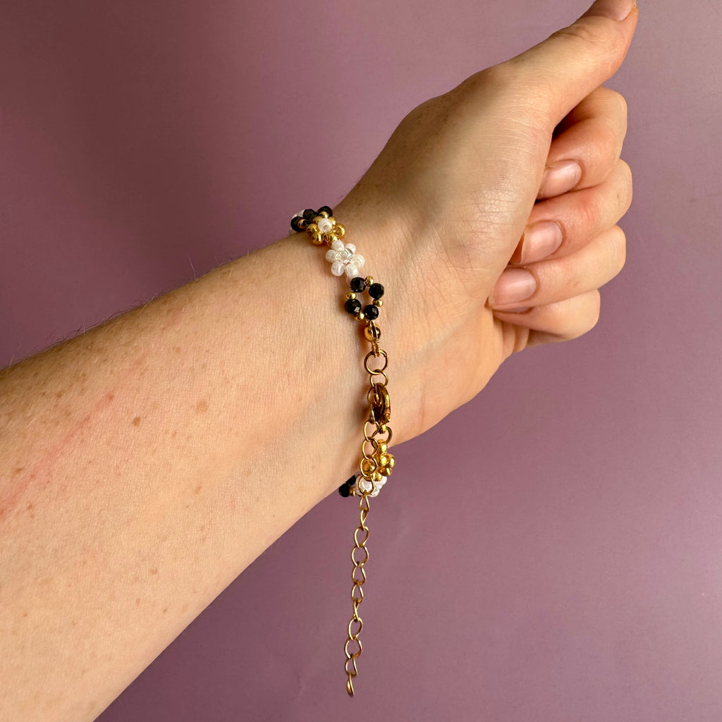 18k Gold Filled White Flower and Hematite Bracelet