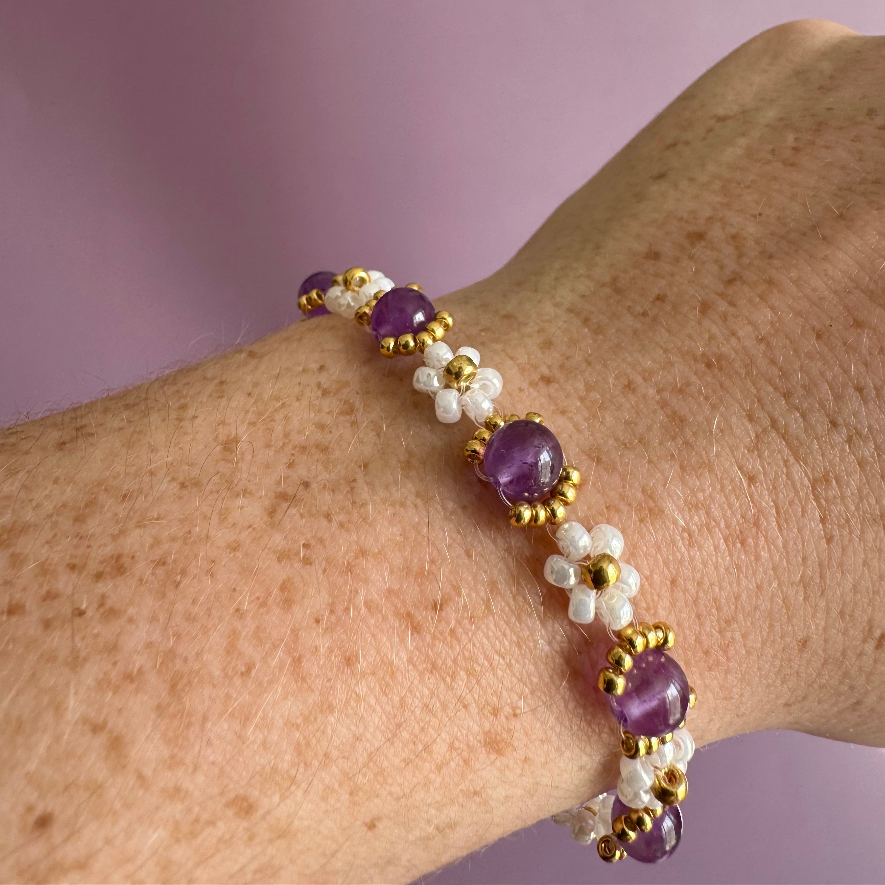 18k Gold Filled White Flower and Genuine Amethyst Bracelet