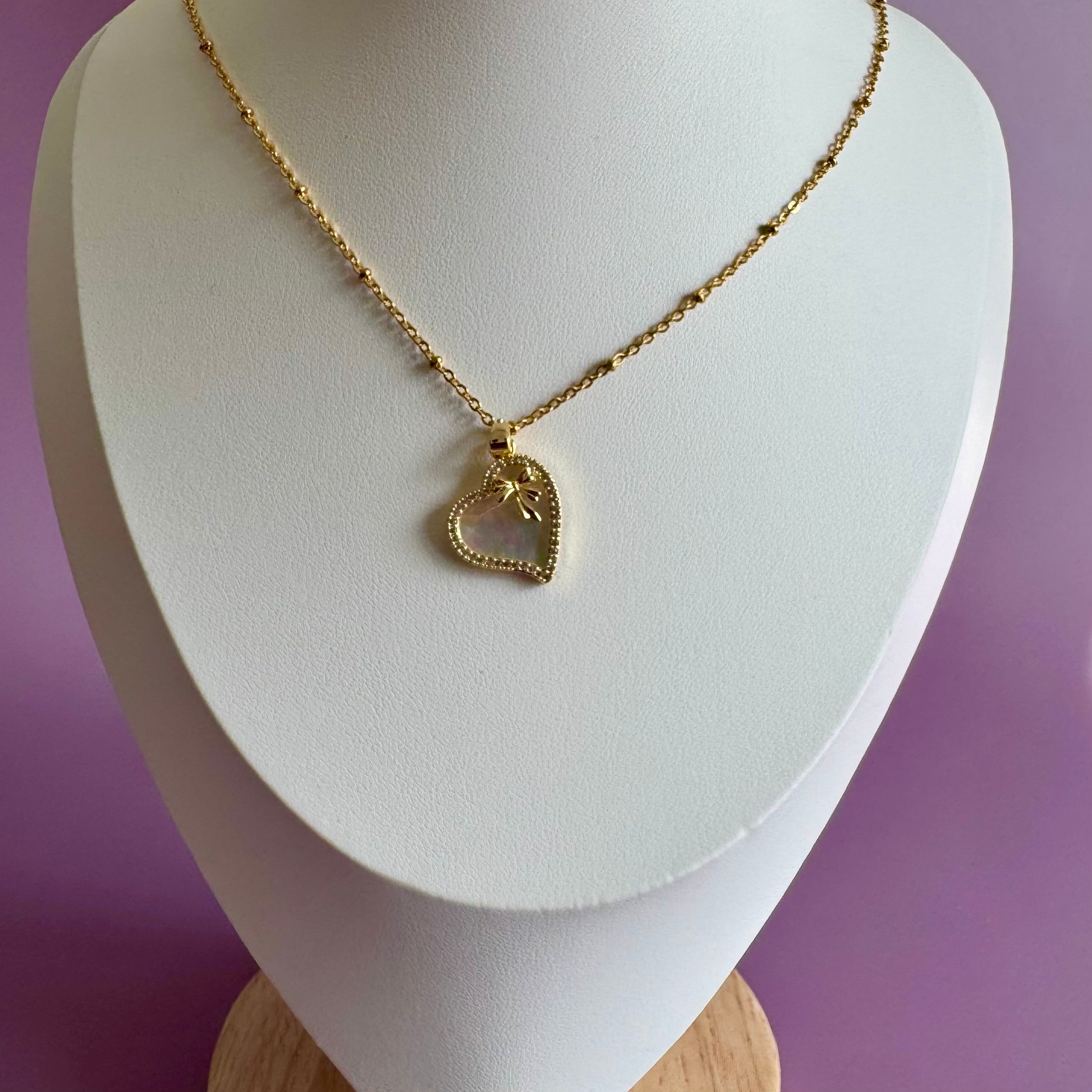 18k Gold Filled Mother of Pearl Heart Necklace | Heart Charm Pendant | Satellite Chain Necklace