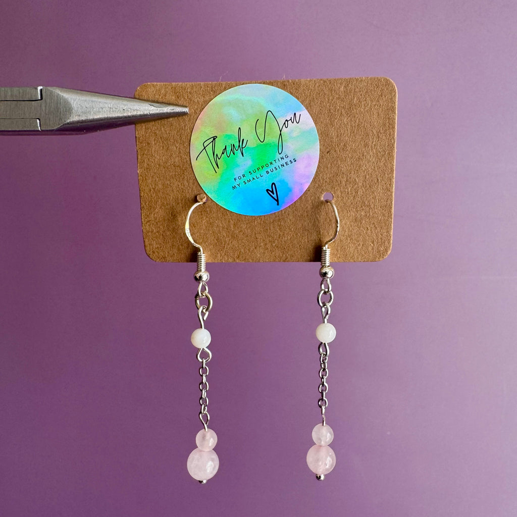 Rose Quartz and Pearl Stainless Steel Drop Earrings