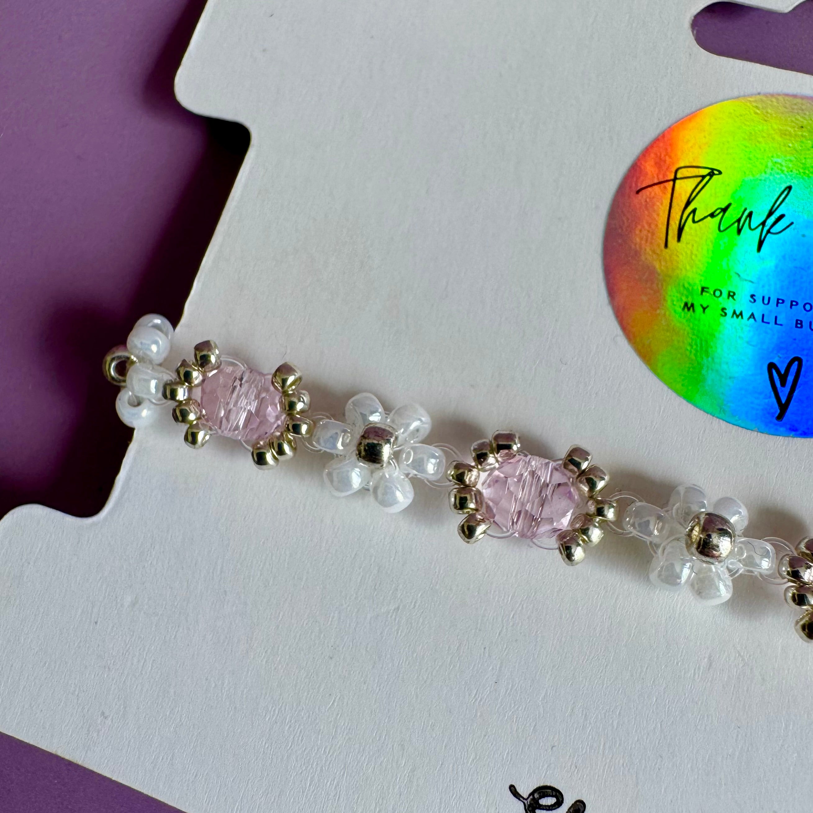 White Flower Miyuki Bracelet with Rose Rondelles | Sterling Silver