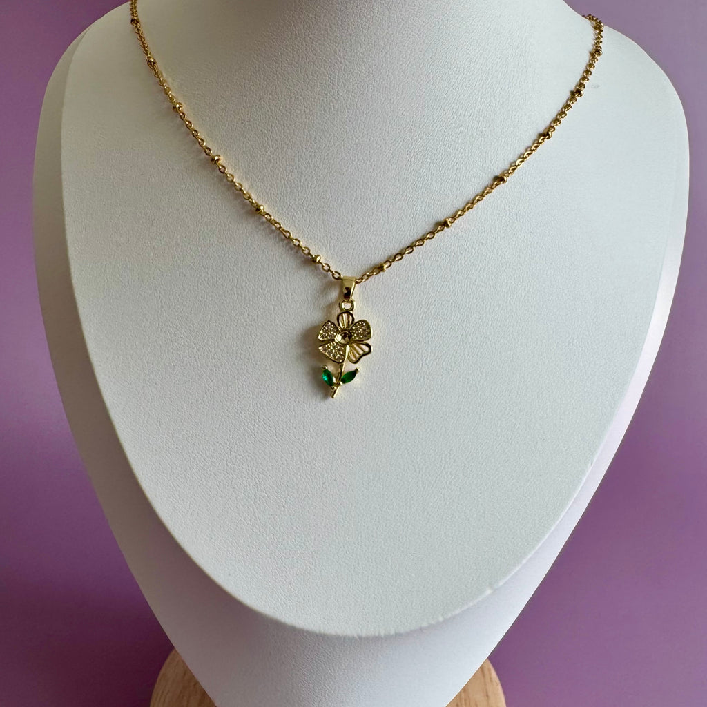 18k Gold Filled Flower Necklace | Crystal Floral Charm Pendant | Satellite Chain Necklace