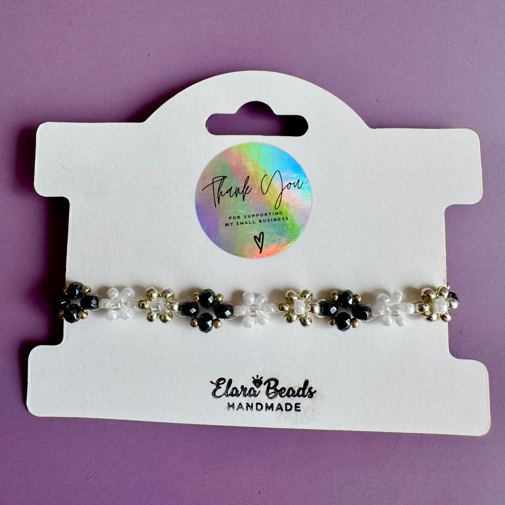 Black and White Flower Bracelet with Hematite | Sterling Silver