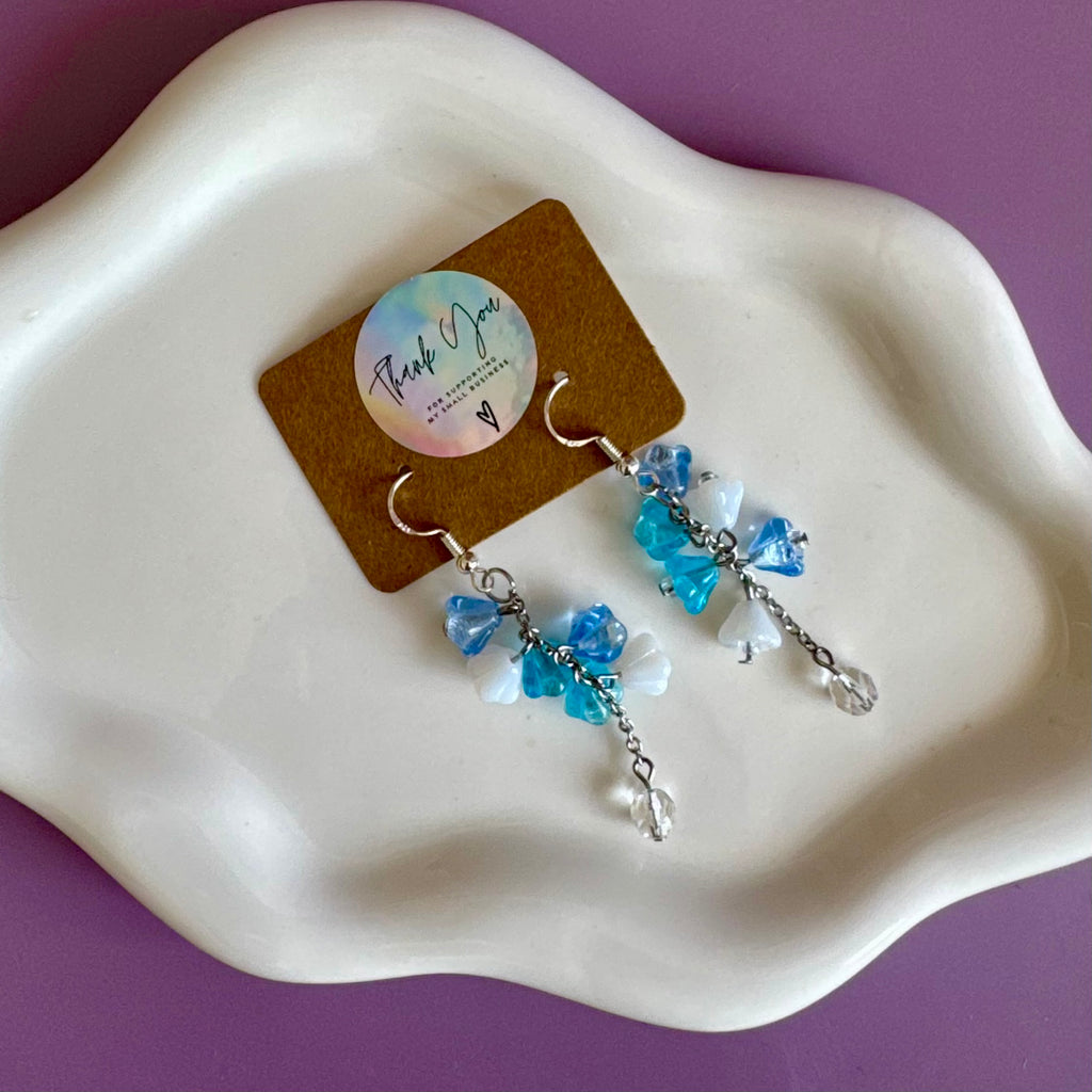 Blue and White Flower Bouquet Drop Earrings in Stainless Steel