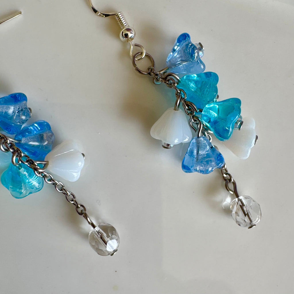 Blue and White Flower Bouquet Drop Earrings in Stainless Steel