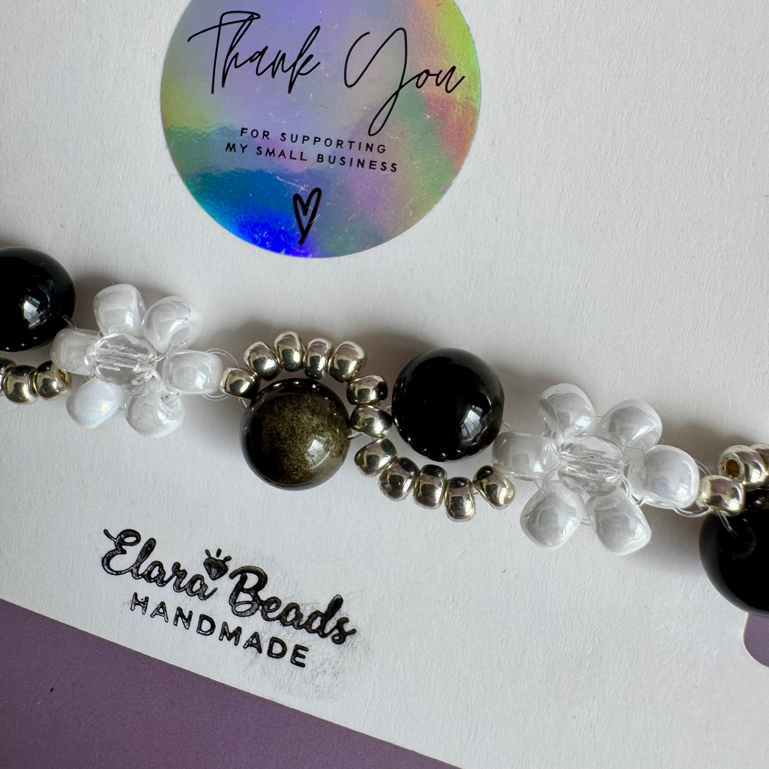 White Flower and Obsidian Bracelet | Sterling Silver