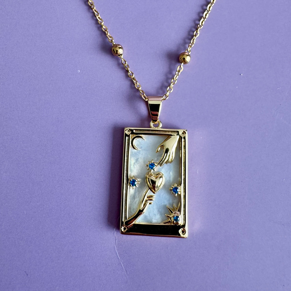 18k Gold Filled Mother of Pearl Tarot Card Necklace | Celestial Heart Hands Pendant | Satellite Chain Necklace