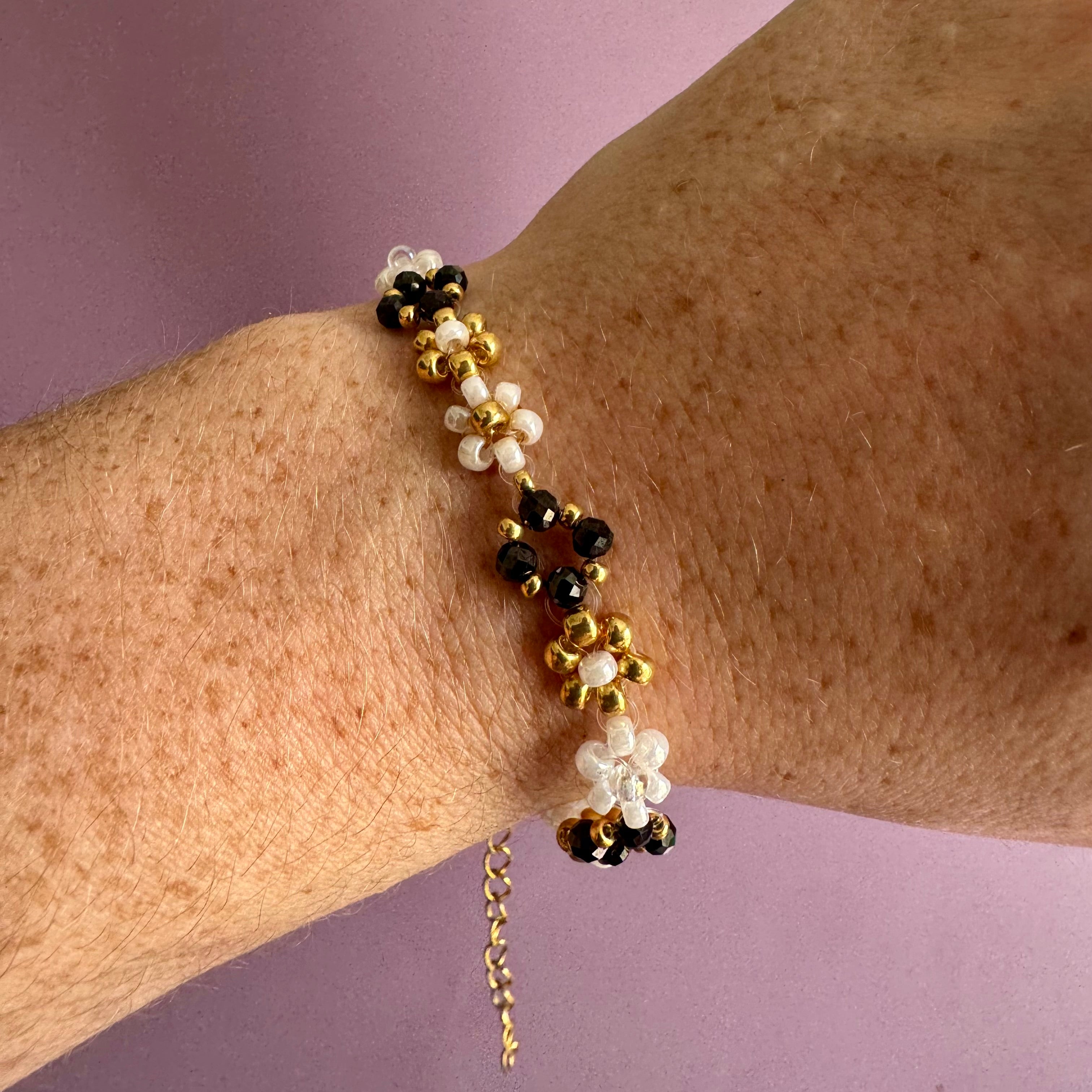 18k Gold Filled White Flower and Hematite Bracelet