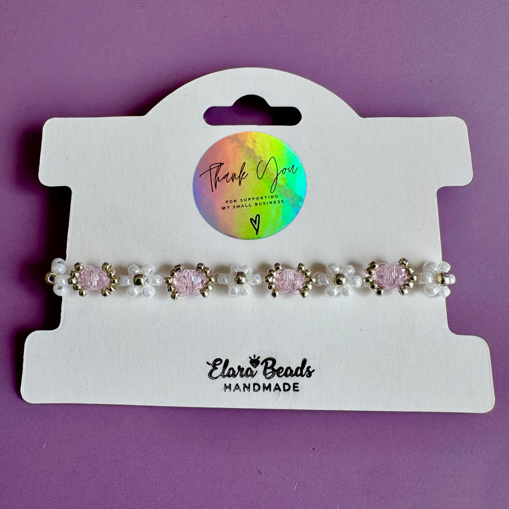 White Flower Miyuki Bracelet with Rose Rondelles | Sterling Silver