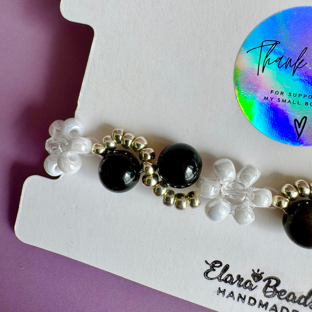 White Flower and Obsidian Bracelet | Sterling Silver