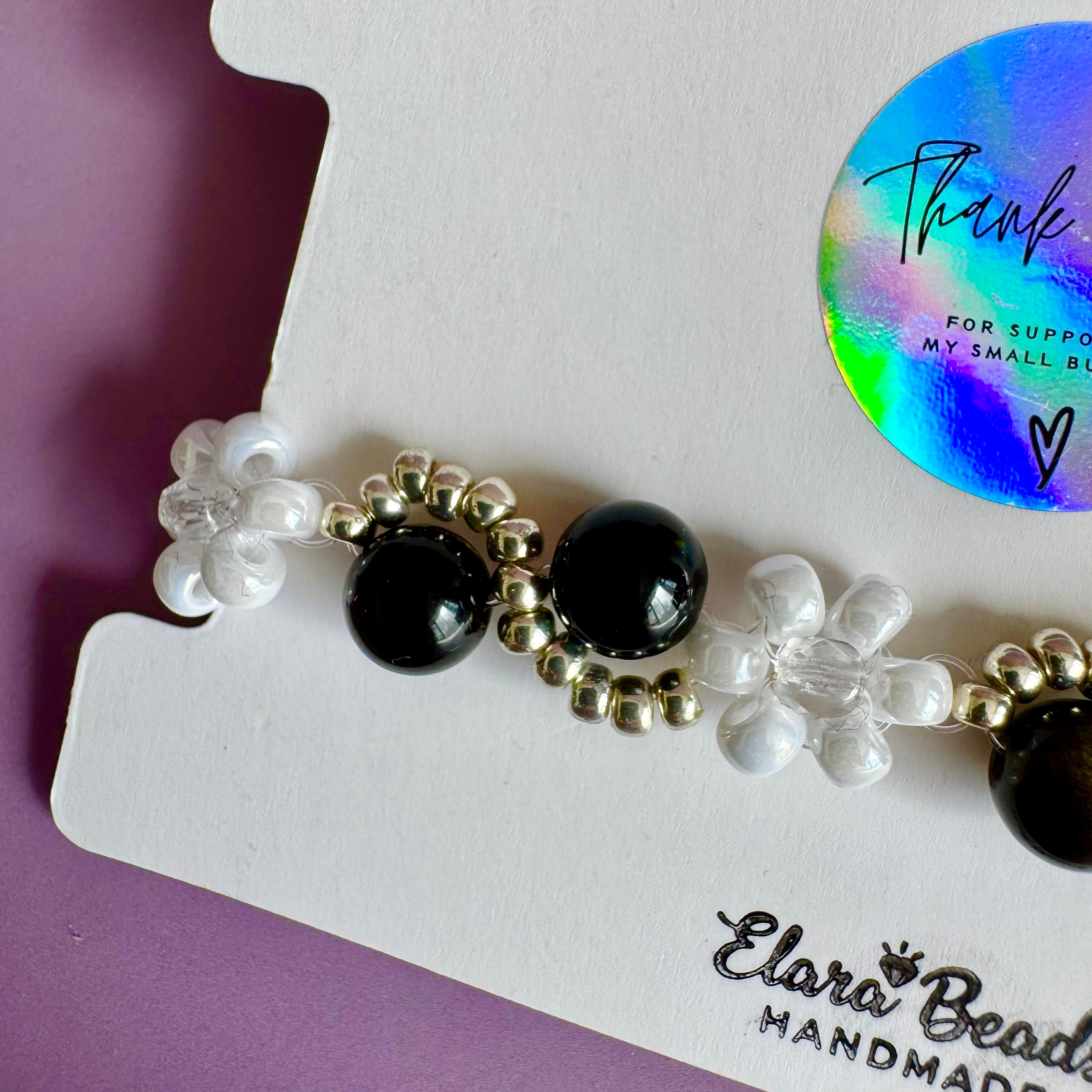 White Flower and Obsidian Bracelet | Sterling Silver