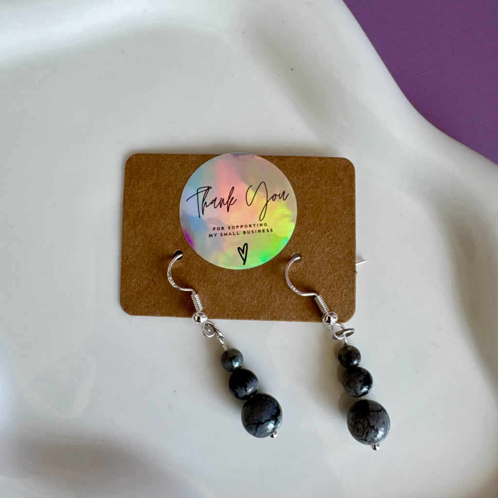 Stainless Steel Snowflake Obsidian Tiered Drop Earrings