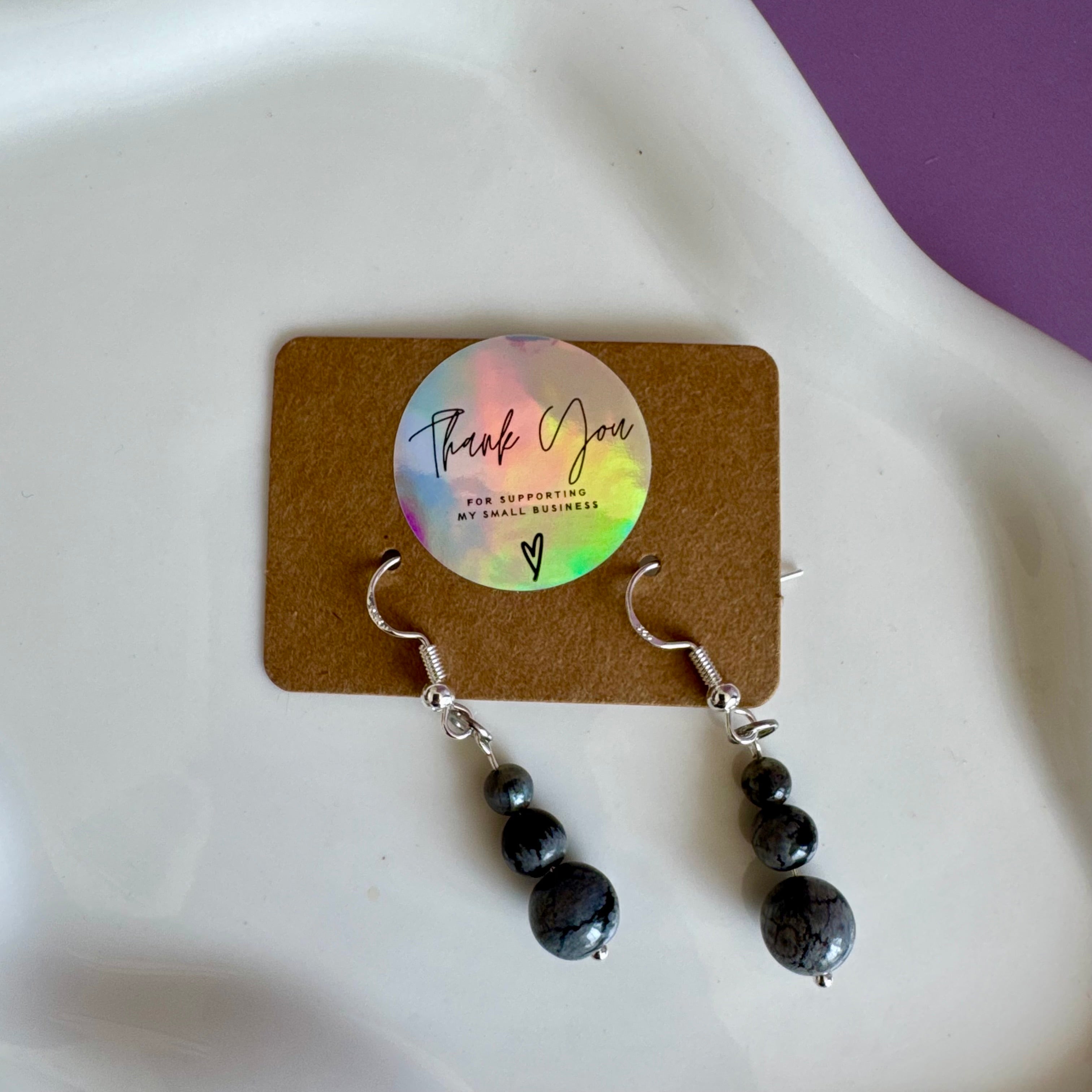 Stainless Steel Snowflake Obsidian Tiered Drop Earrings