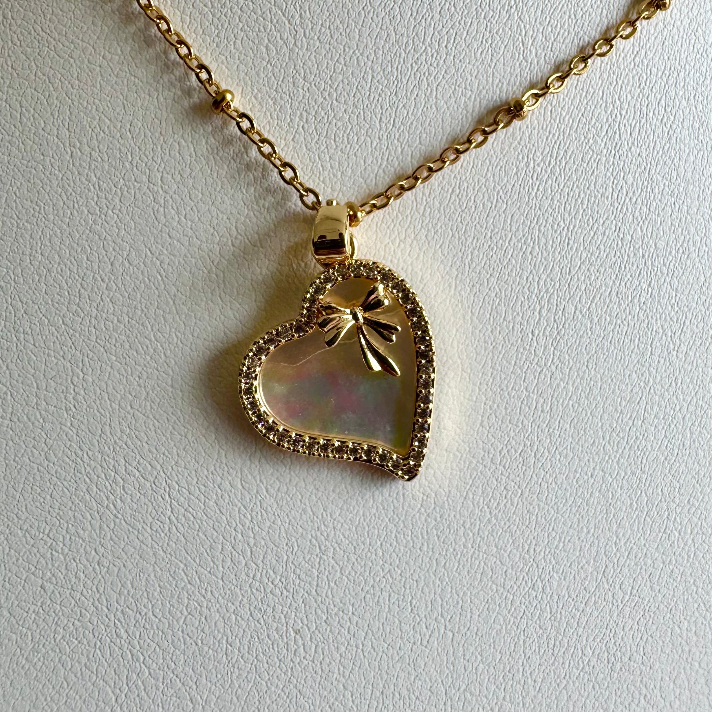 18k Gold Filled Mother of Pearl Heart Necklace | Heart Charm Pendant | Satellite Chain Necklace