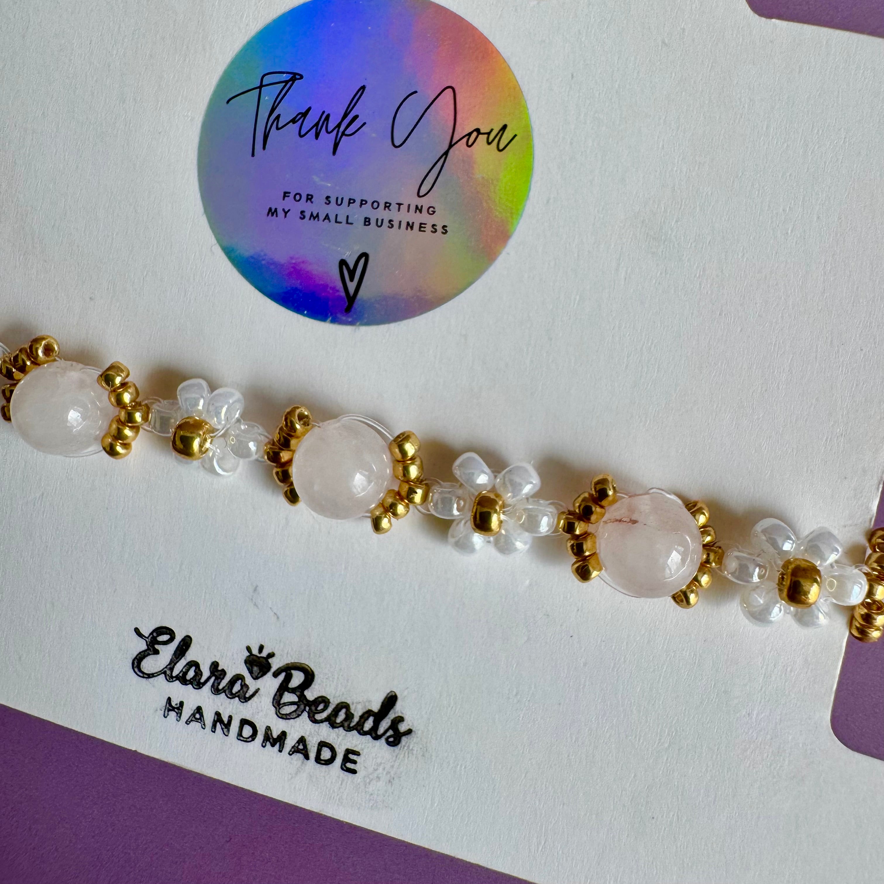 18k Gold Filled White Flower and Genuine Pink Moonstone Bracelet