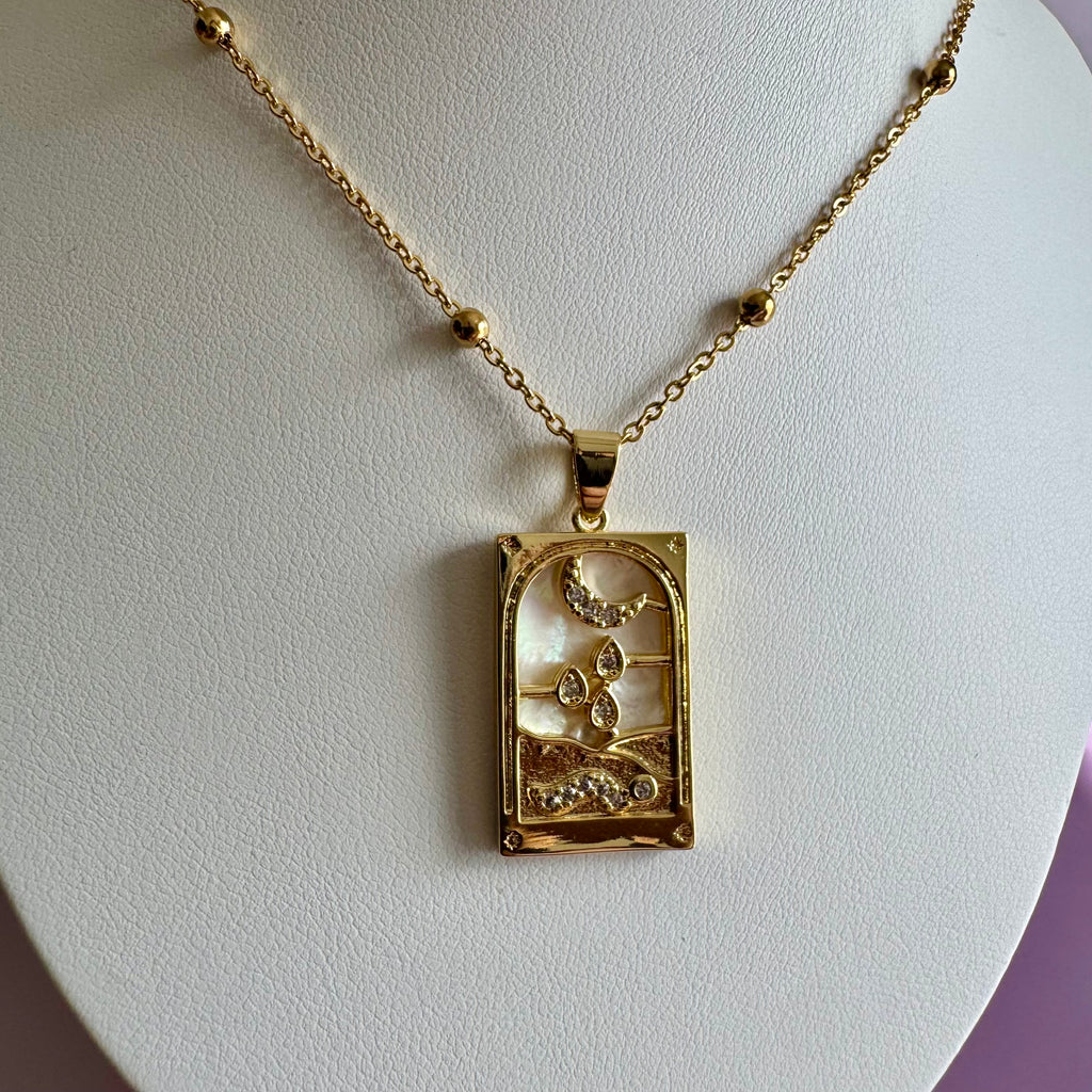 18k Gold Filled Mother of Pearl Tarot Card Necklace | Moon & Snake Pendant | Satellite Chain Necklace