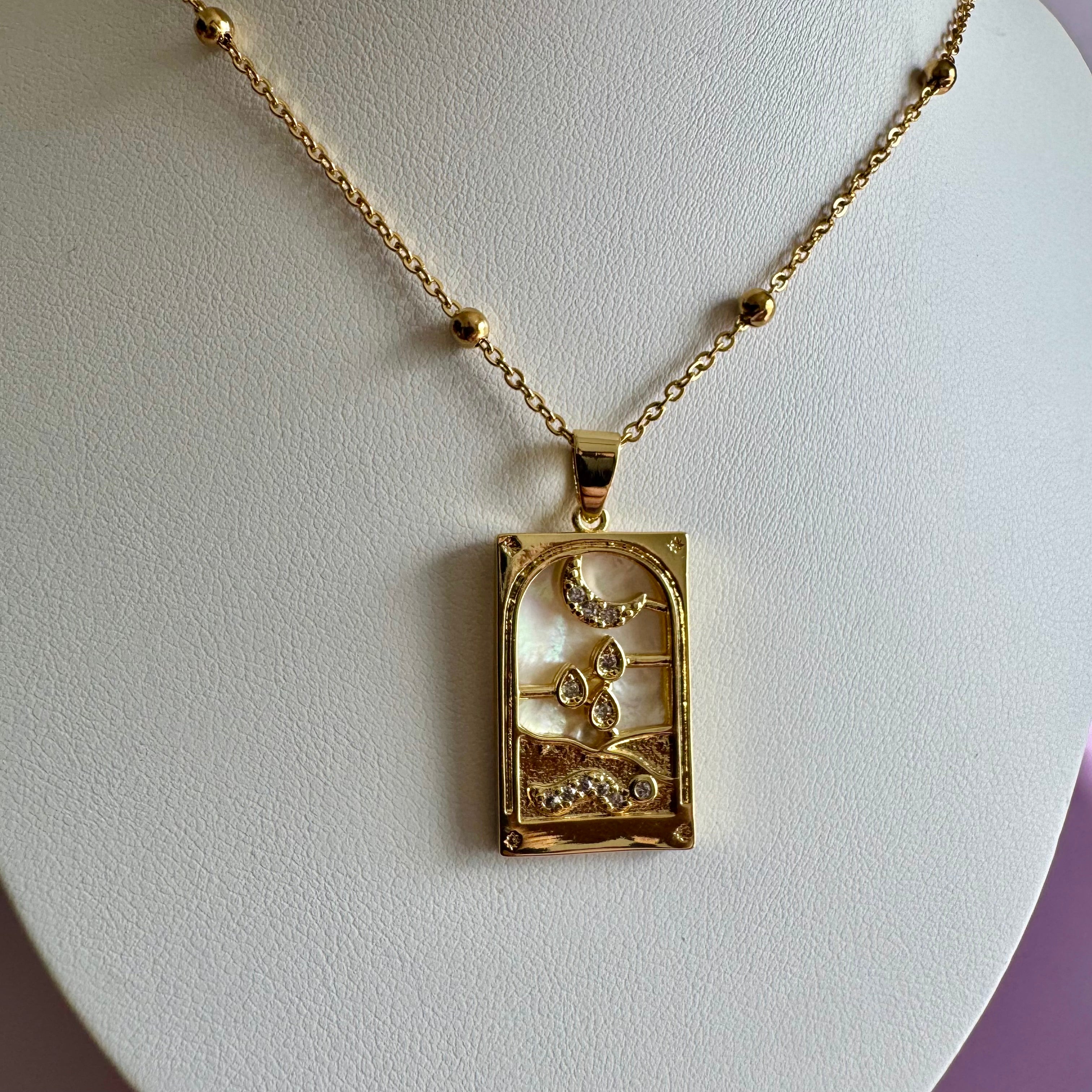 18k Gold Filled Mother of Pearl Tarot Card Necklace | Moon & Snake Pendant | Satellite Chain Necklace