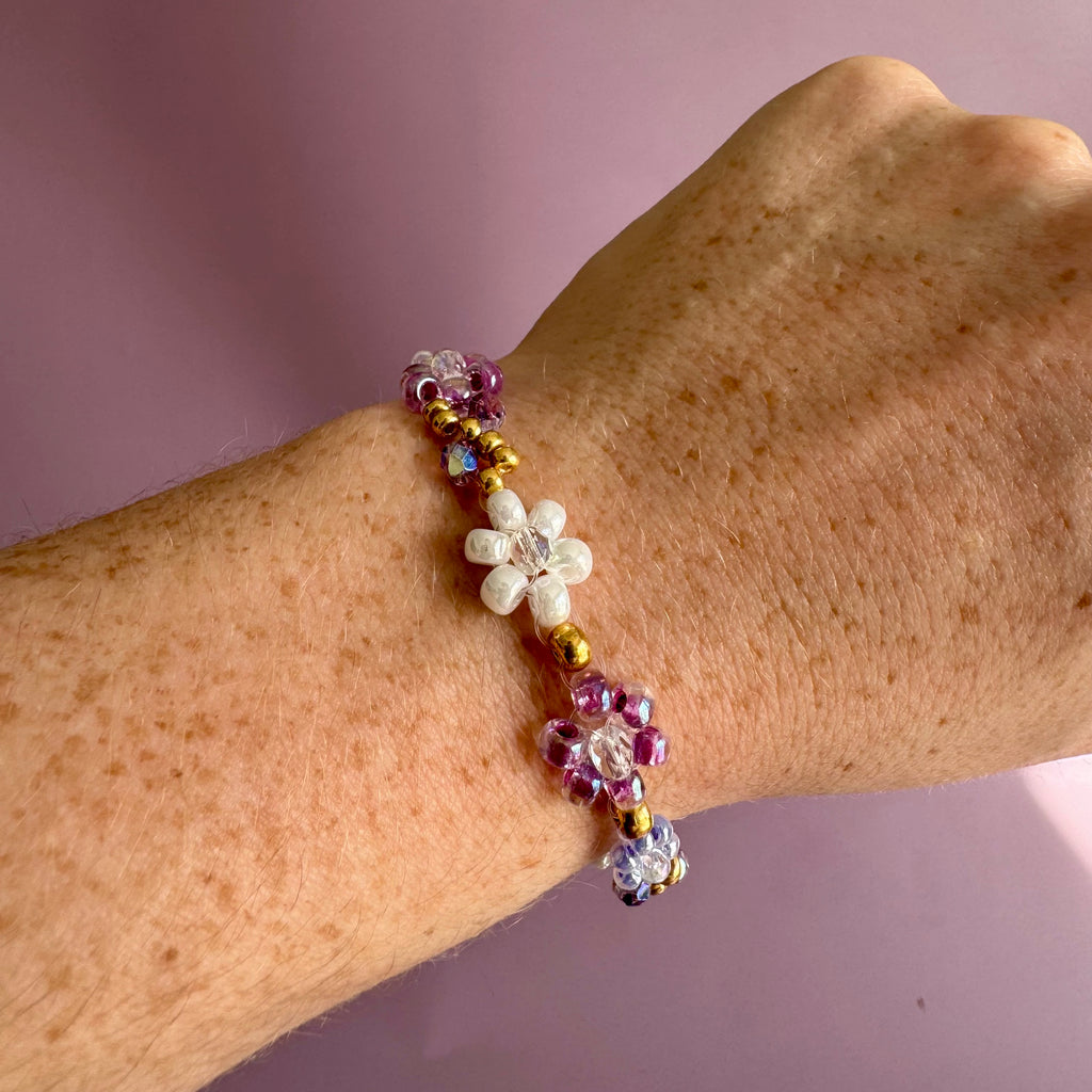 18k Gold Filled White, Lilac and Purple Flower Bracelet