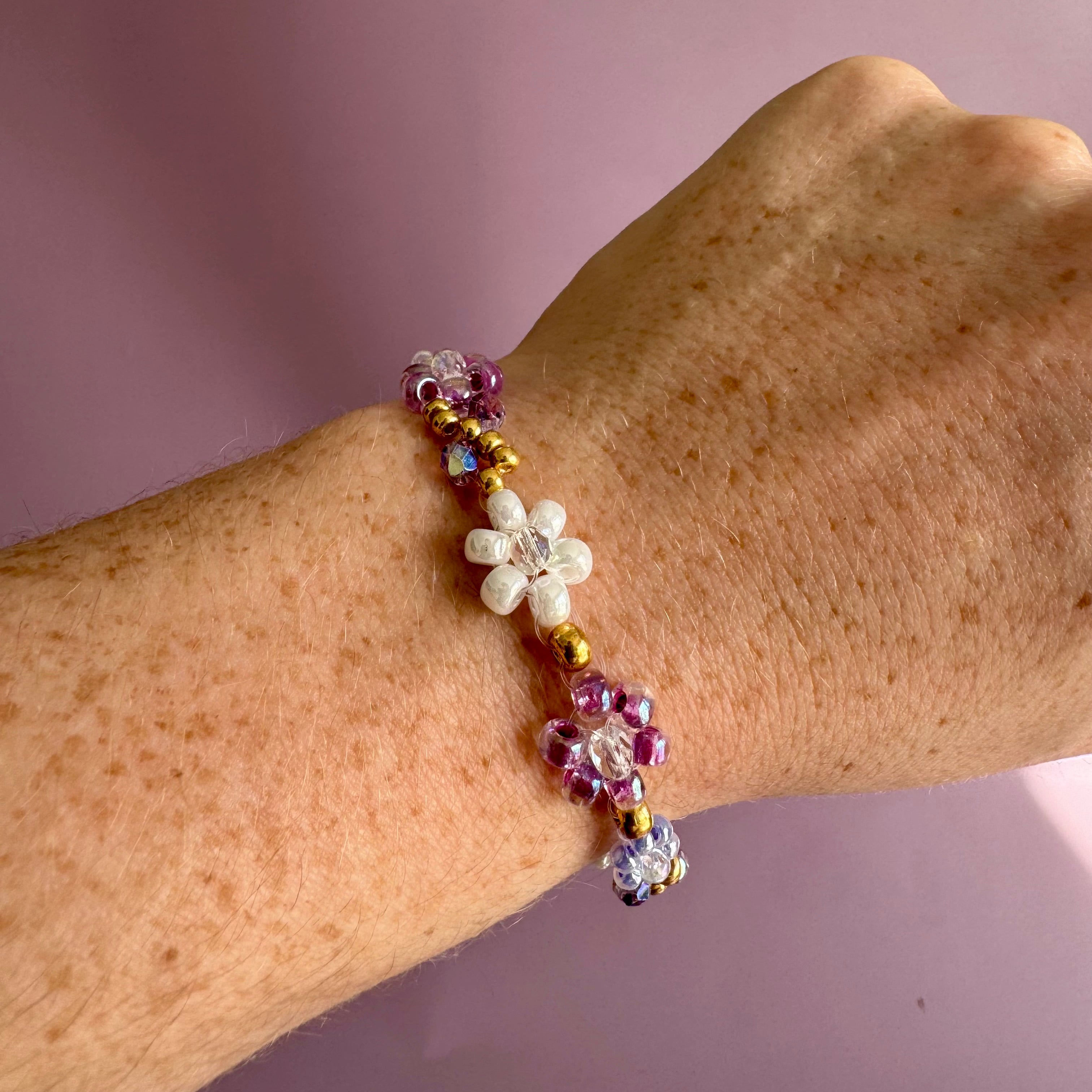 18k Gold Filled White, Lilac and Purple Flower Bracelet