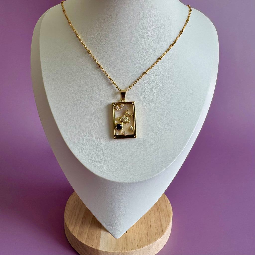 18k Gold Filled Mother of Pearl Tarot Card Necklace | Celestial Planet & Moon Pendant | Satellite Chain Necklace