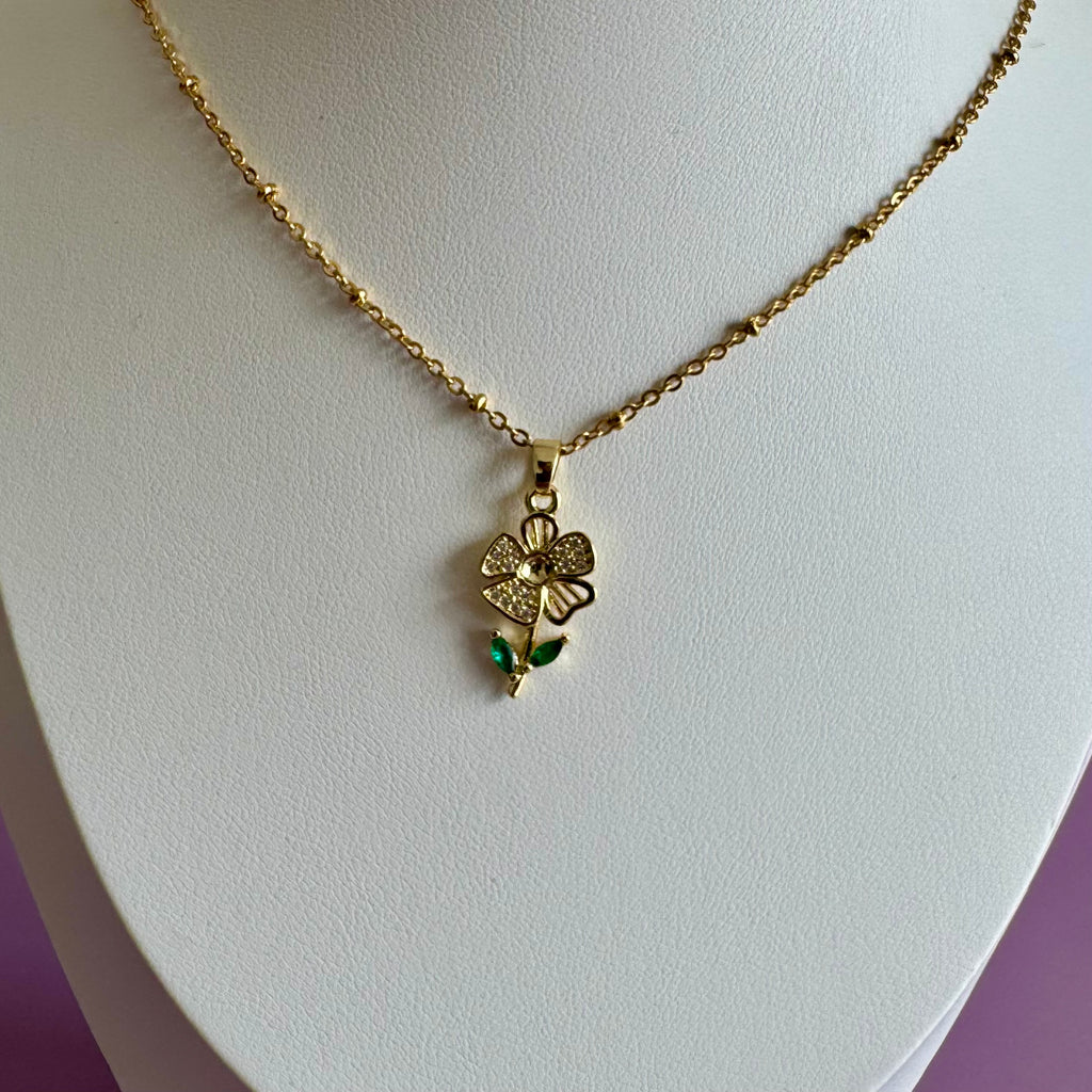 18k Gold Filled Flower Necklace | Crystal Floral Charm Pendant | Satellite Chain Necklace