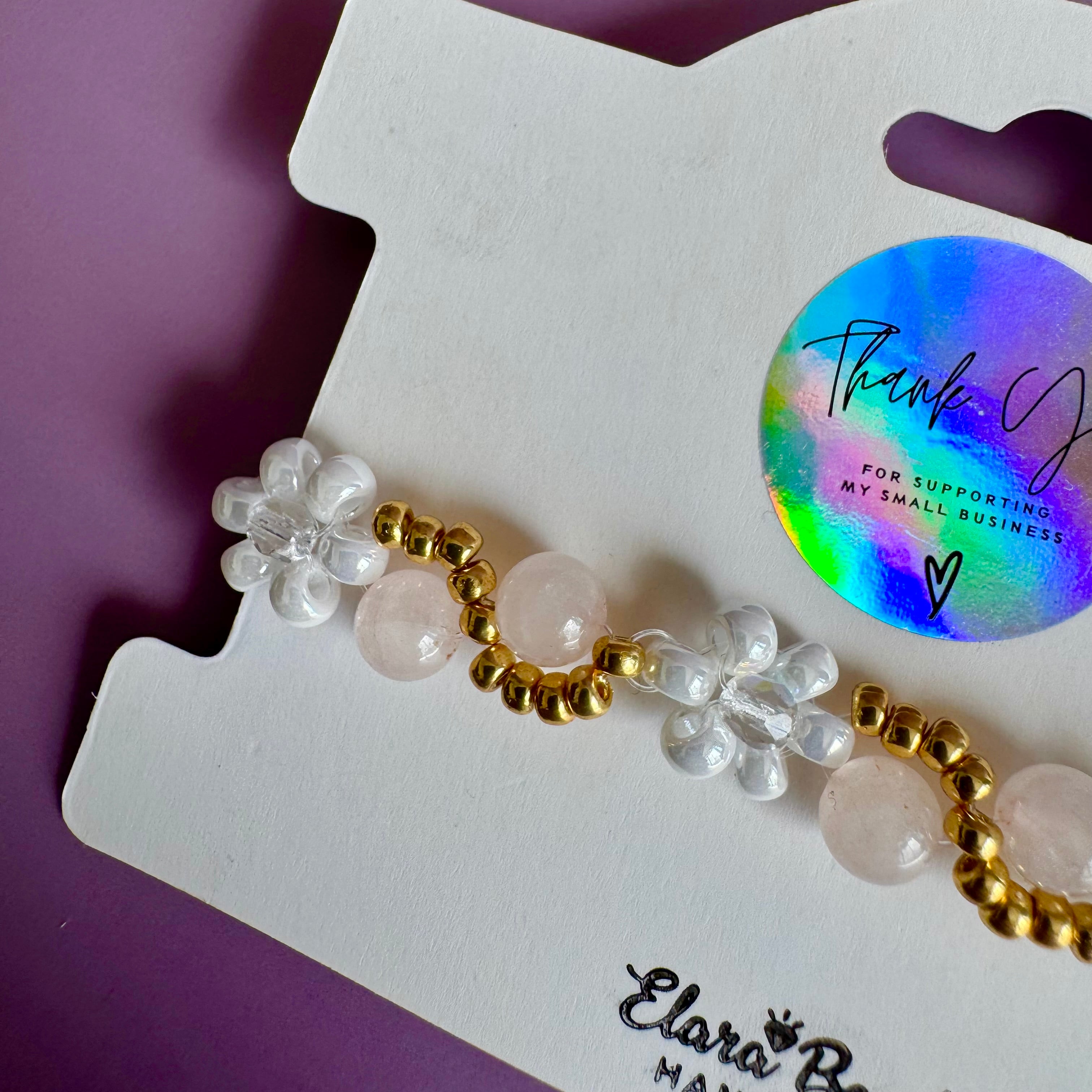 18k Gold Filled White Flower and Pink Moonstone Bracelet