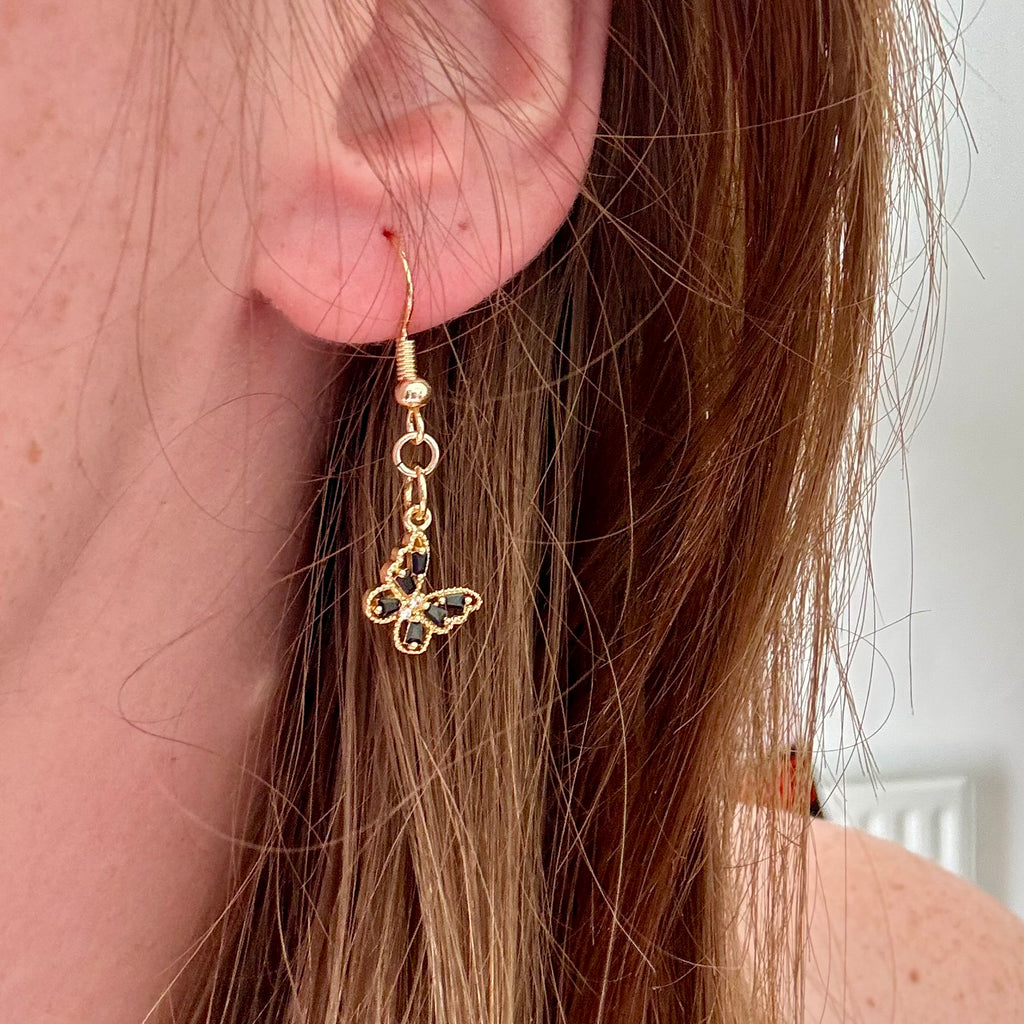 18K Gold Filled Black Butterfly Drop Earrings