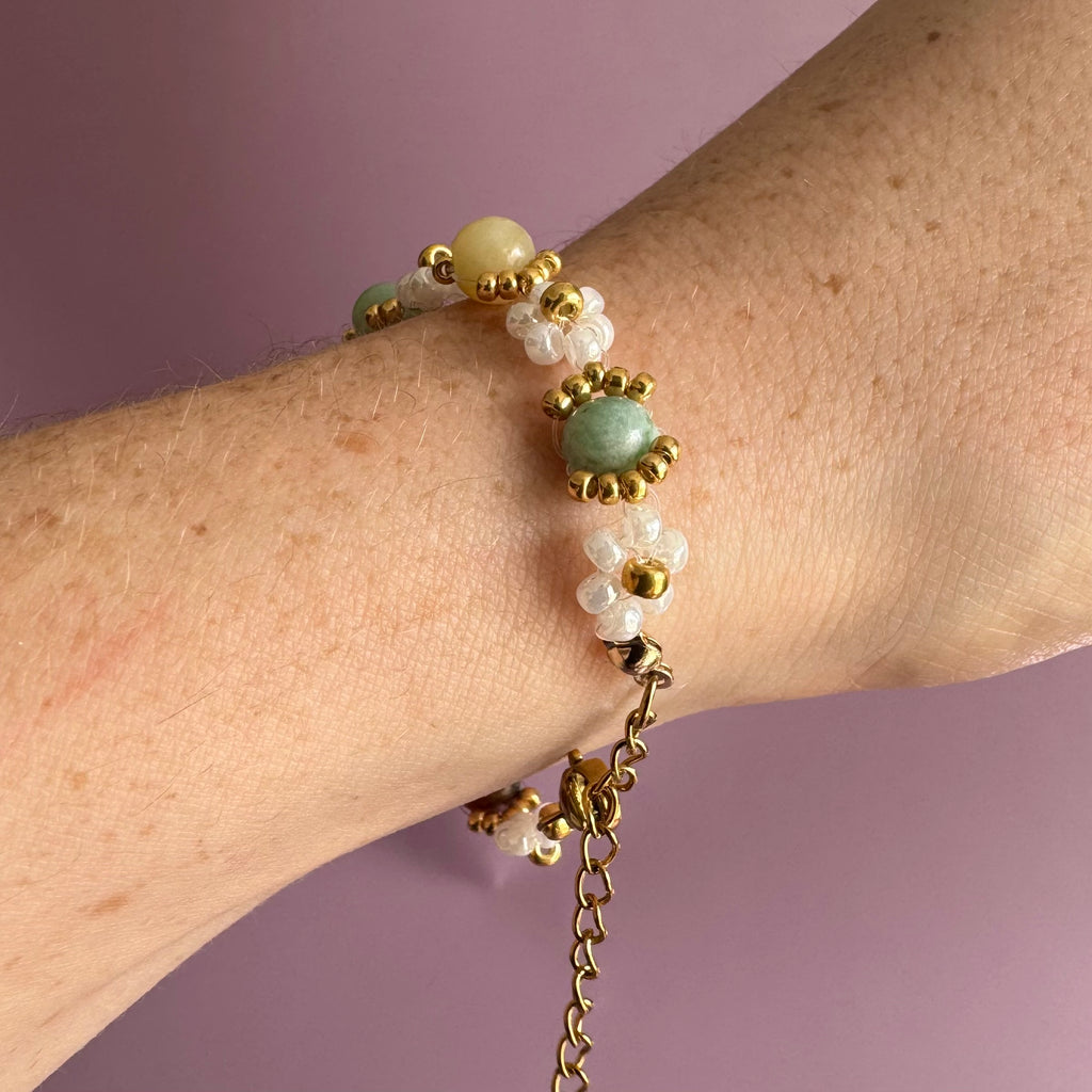 18k Gold Filled White Flower and Genuine Amazonite Bracelet