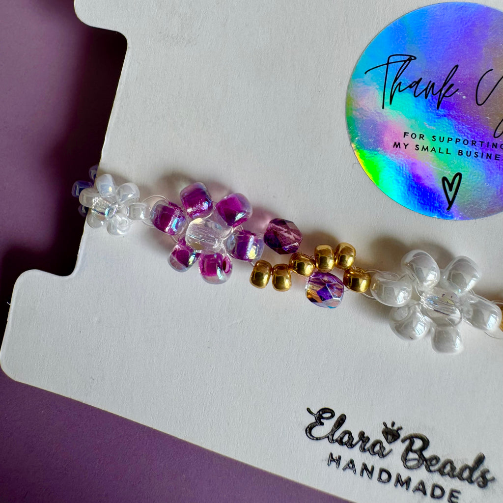 18k Gold Filled White, Lilac and Purple Flower Bracelet