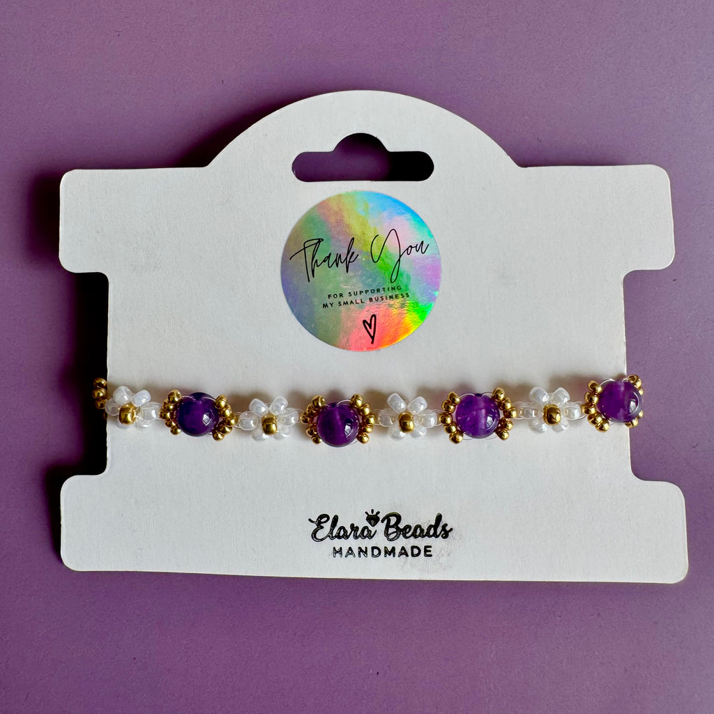 18k Gold Filled White Flower and Genuine Amethyst Bracelet