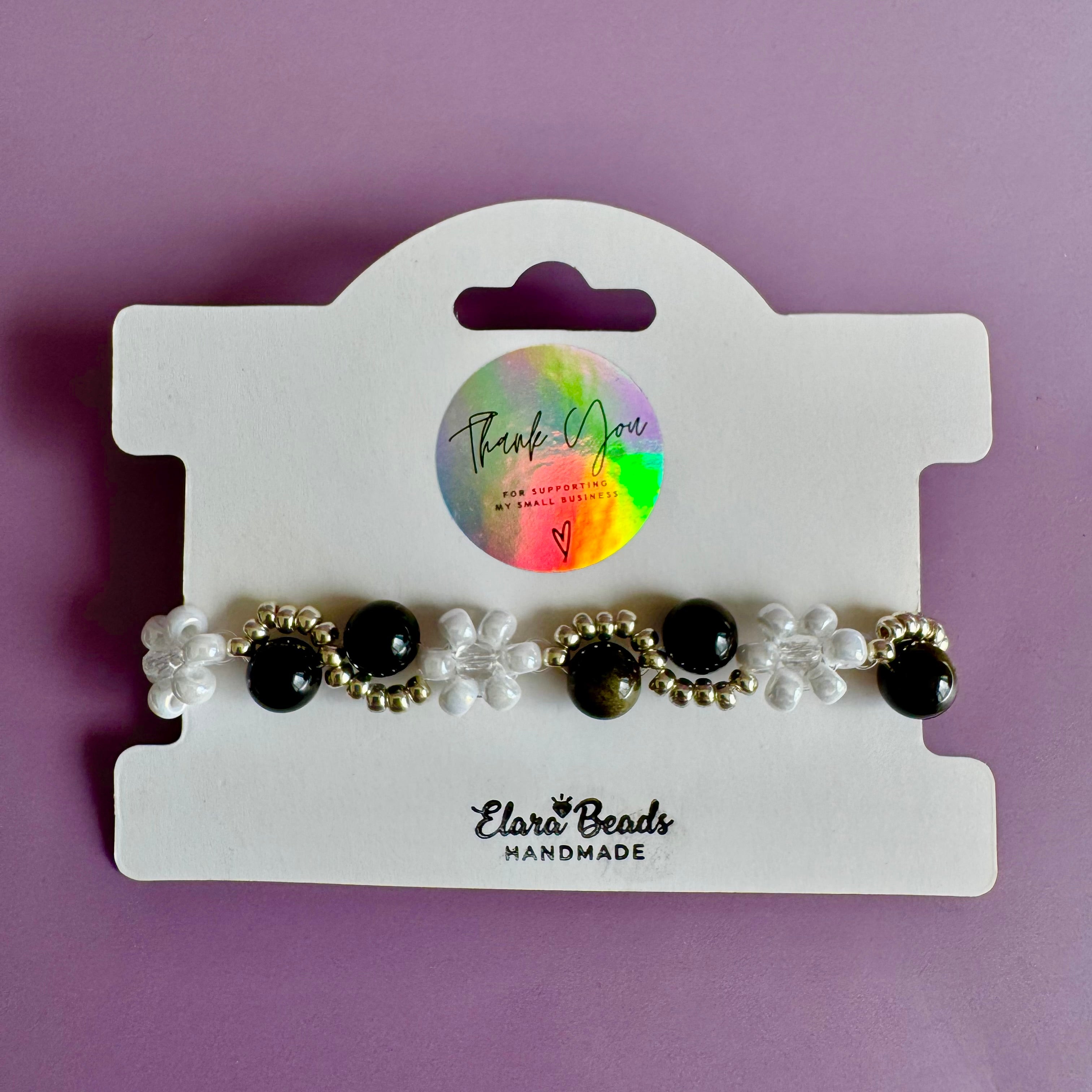 White Flower and Obsidian Bracelet | Sterling Silver