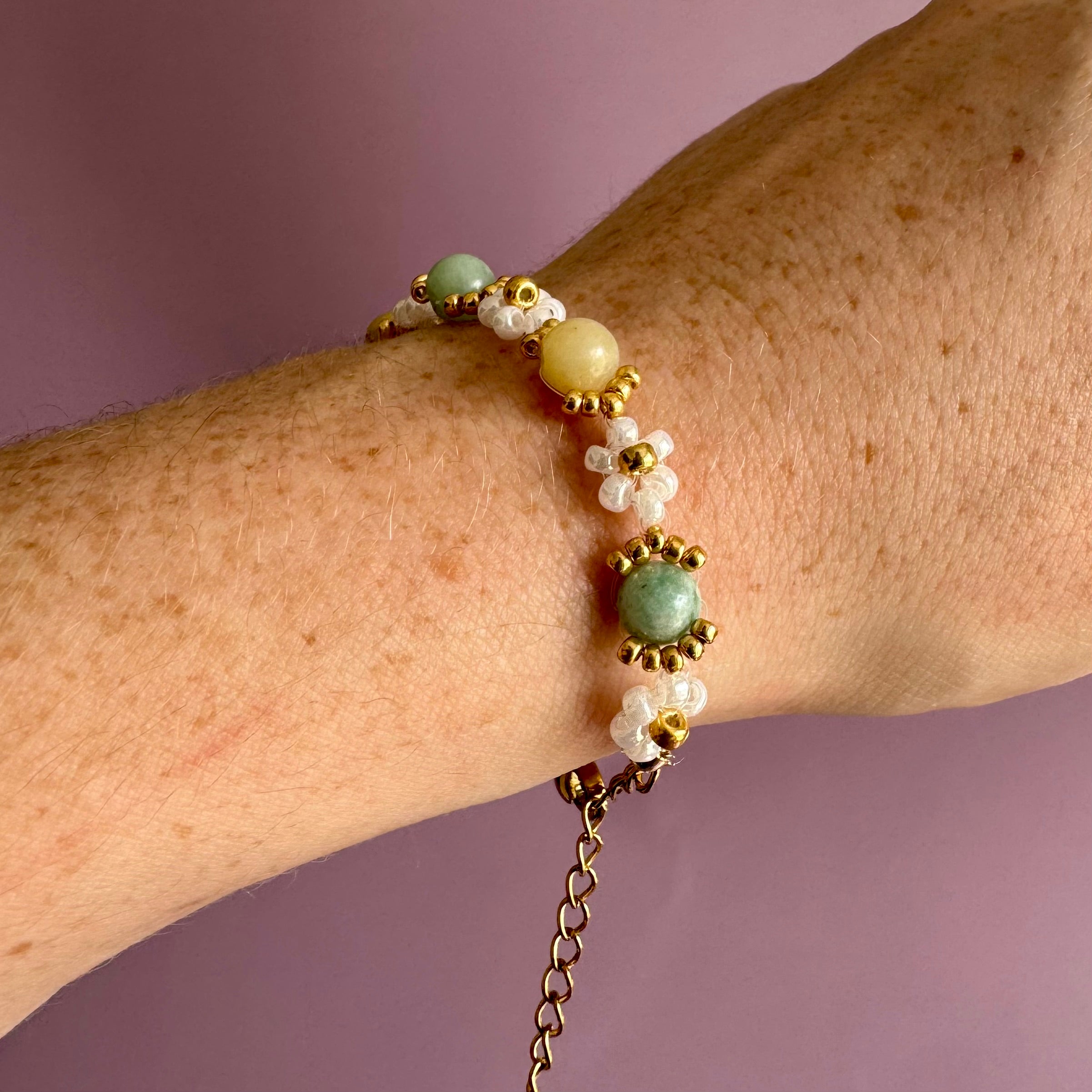 18k Gold Filled White Flower and Genuine Amazonite Bracelet