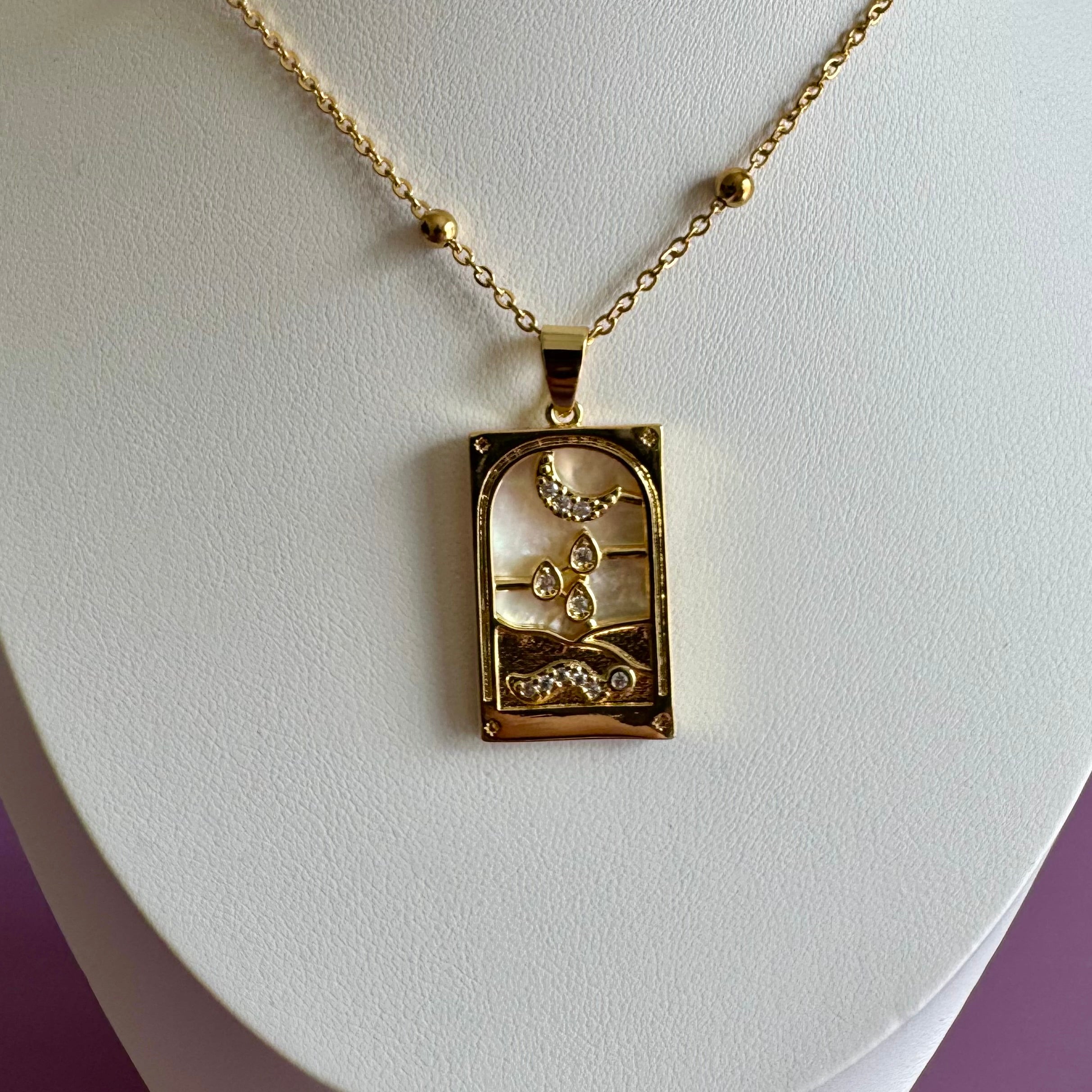 18k Gold Filled Mother of Pearl Tarot Card Necklace | Moon & Snake Pendant | Satellite Chain Necklace