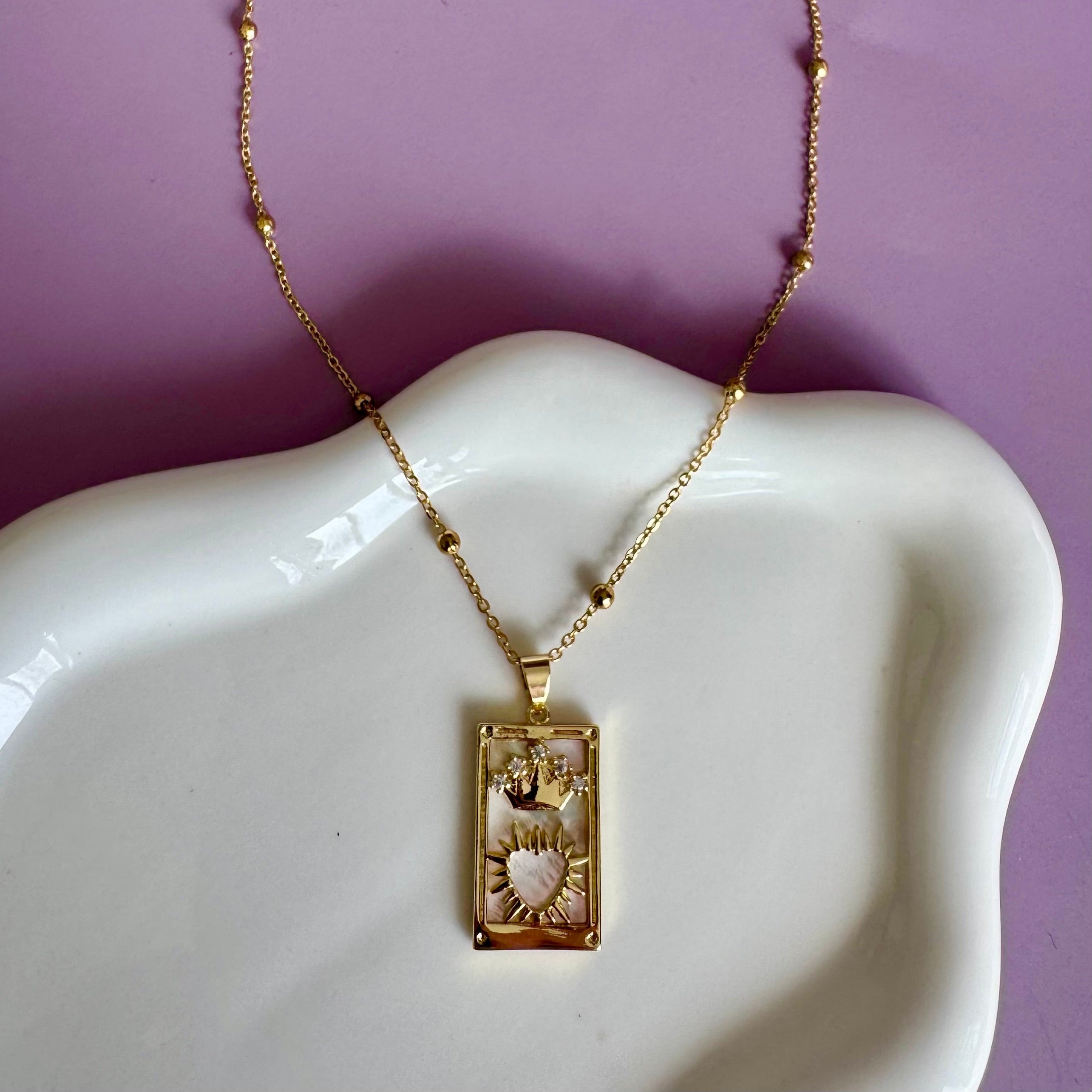 18k Gold Filled Mother of Pearl Tarot Card Necklace | Sacred Heart Crown Pendant | Satellite Chain Necklace