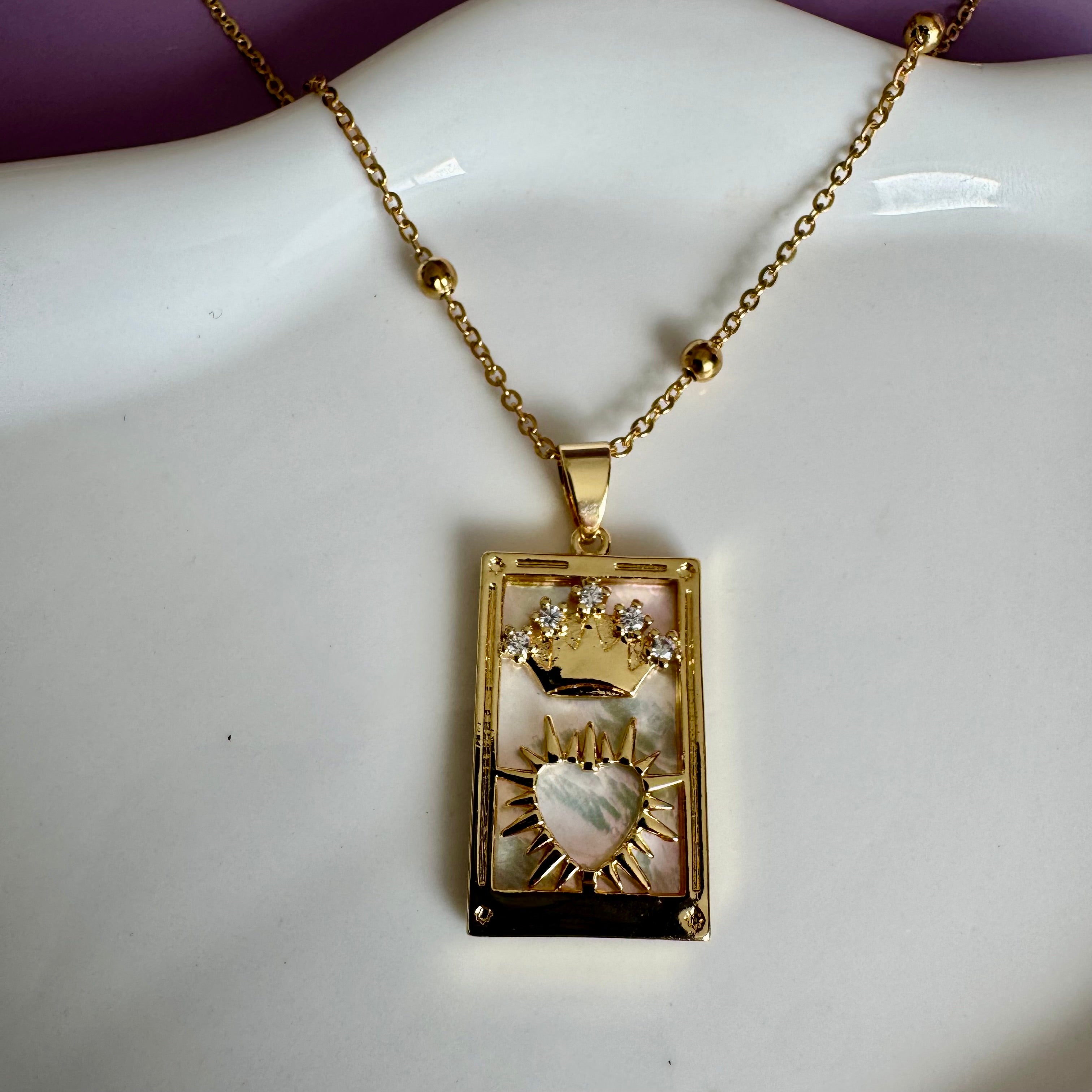 18k Gold Filled Mother of Pearl Tarot Card Necklace | Sacred Heart Crown Pendant | Satellite Chain Necklace