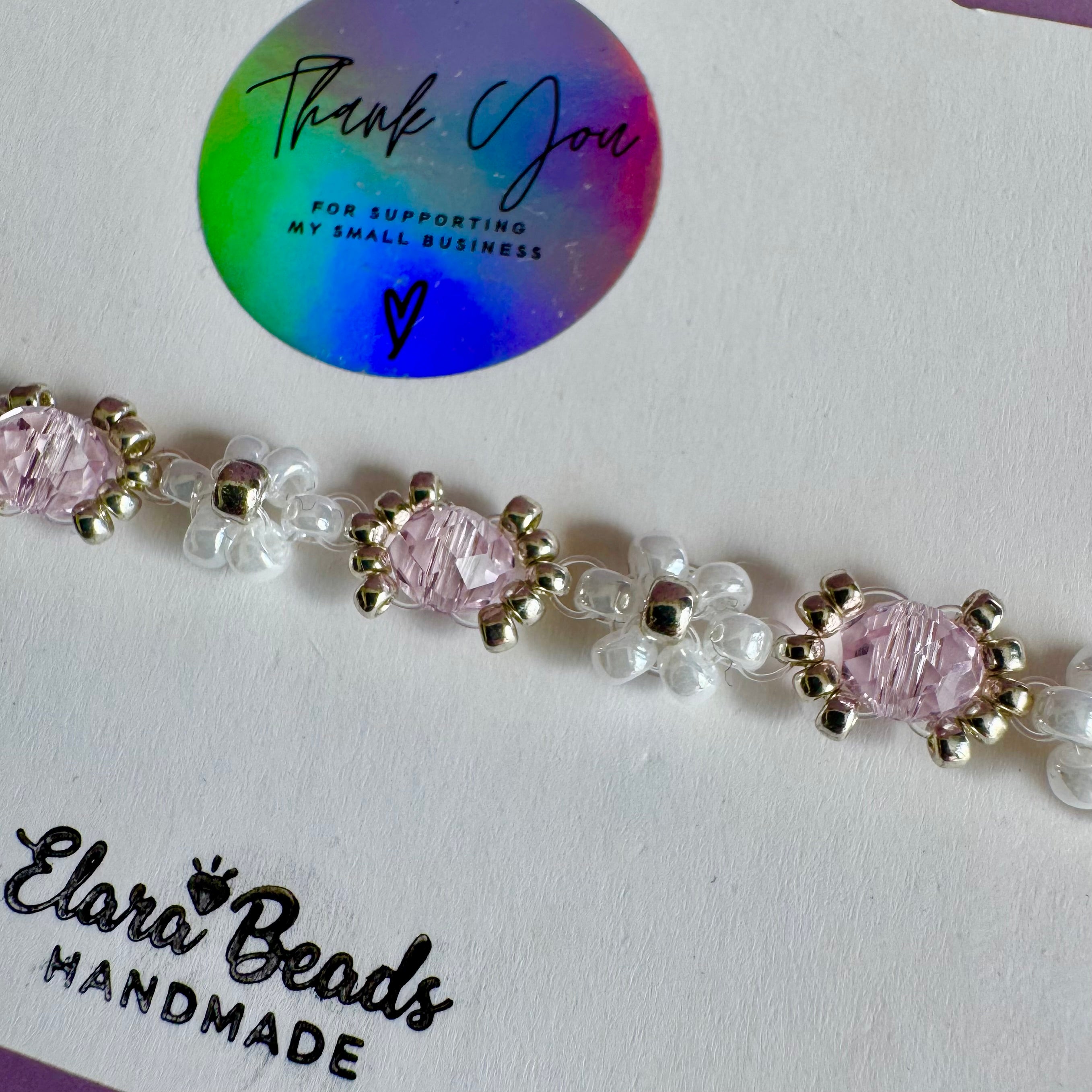 White Flower Miyuki Bracelet with Rose Rondelles | Sterling Silver
