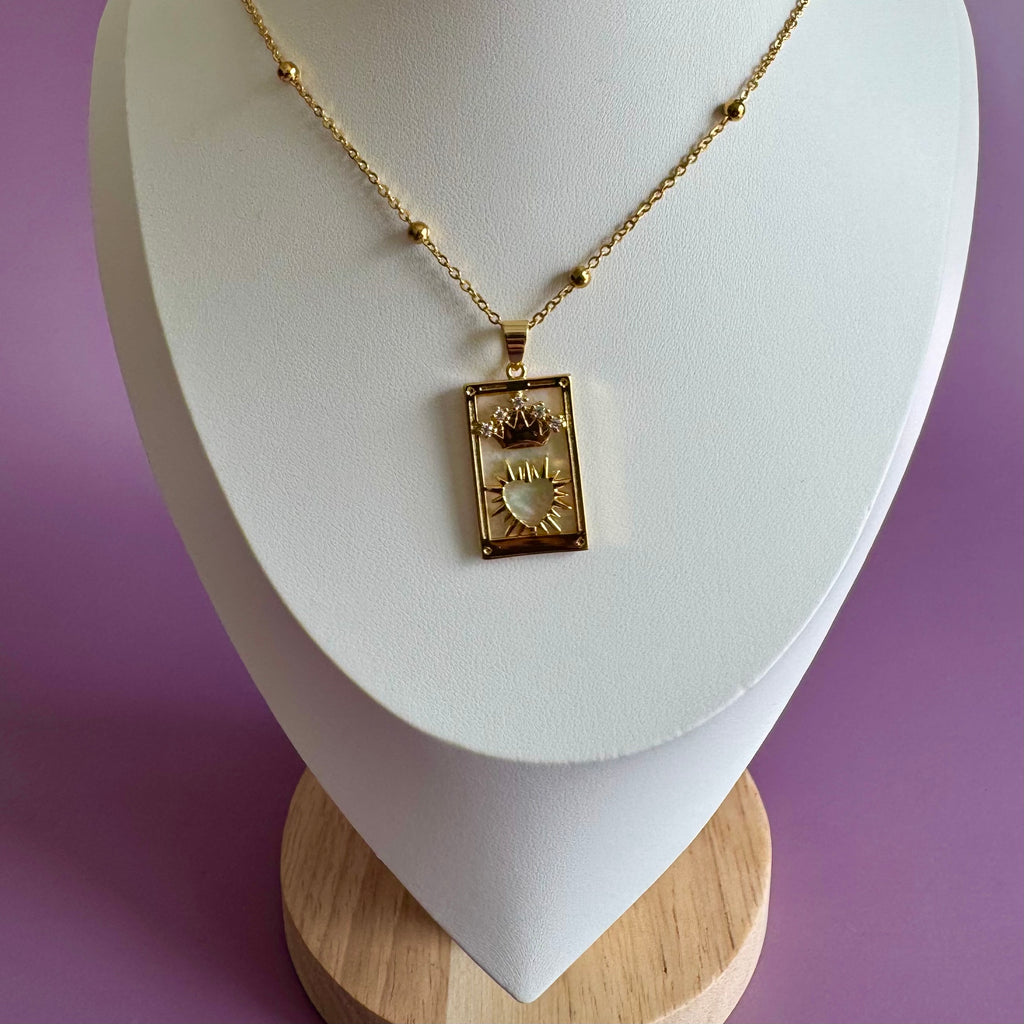 18k Gold Filled Mother of Pearl Tarot Card Necklace | Sacred Heart Crown Pendant | Satellite Chain Necklace