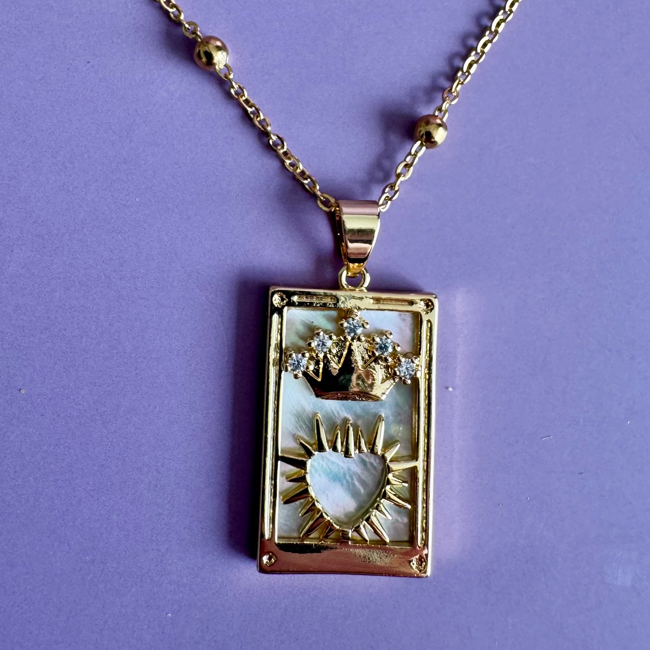 18k Gold Filled Mother of Pearl Tarot Card Necklace | Sacred Heart Crown Pendant | Satellite Chain Necklace