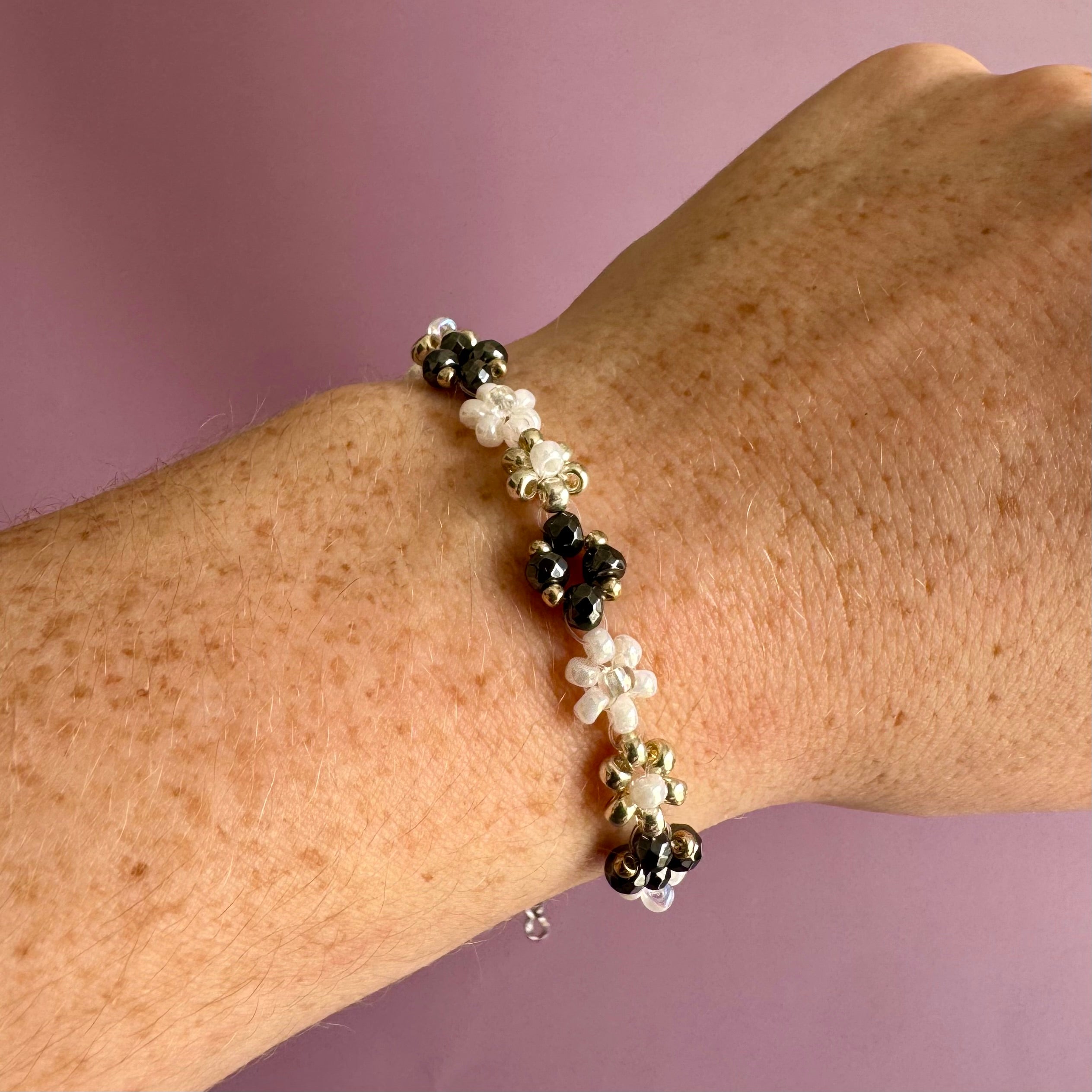 Black and White Miyuki Flower Bracelet | Sterling Silver