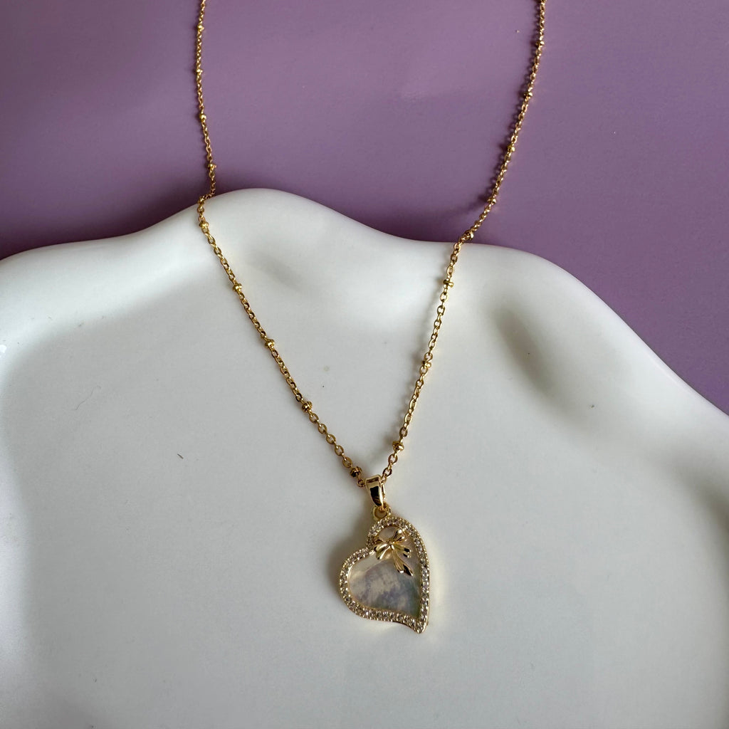 18k Gold Filled Mother of Pearl Heart Necklace | Heart Charm Pendant | Satellite Chain Necklace