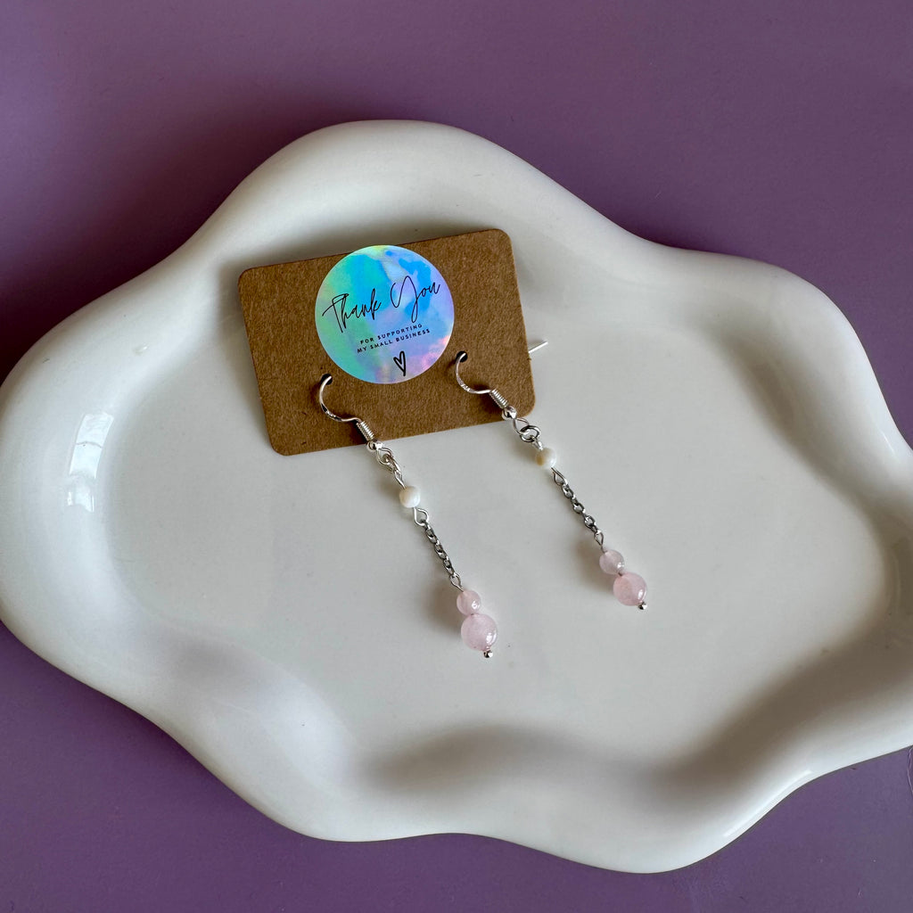 Rose Quartz and Pearl Stainless Steel Drop Earrings