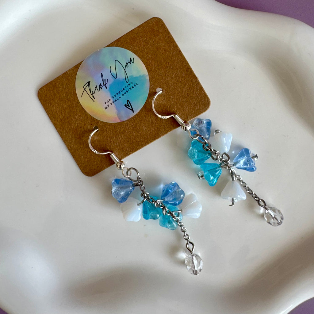 Blue and White Flower Bouquet Drop Earrings in Stainless Steel