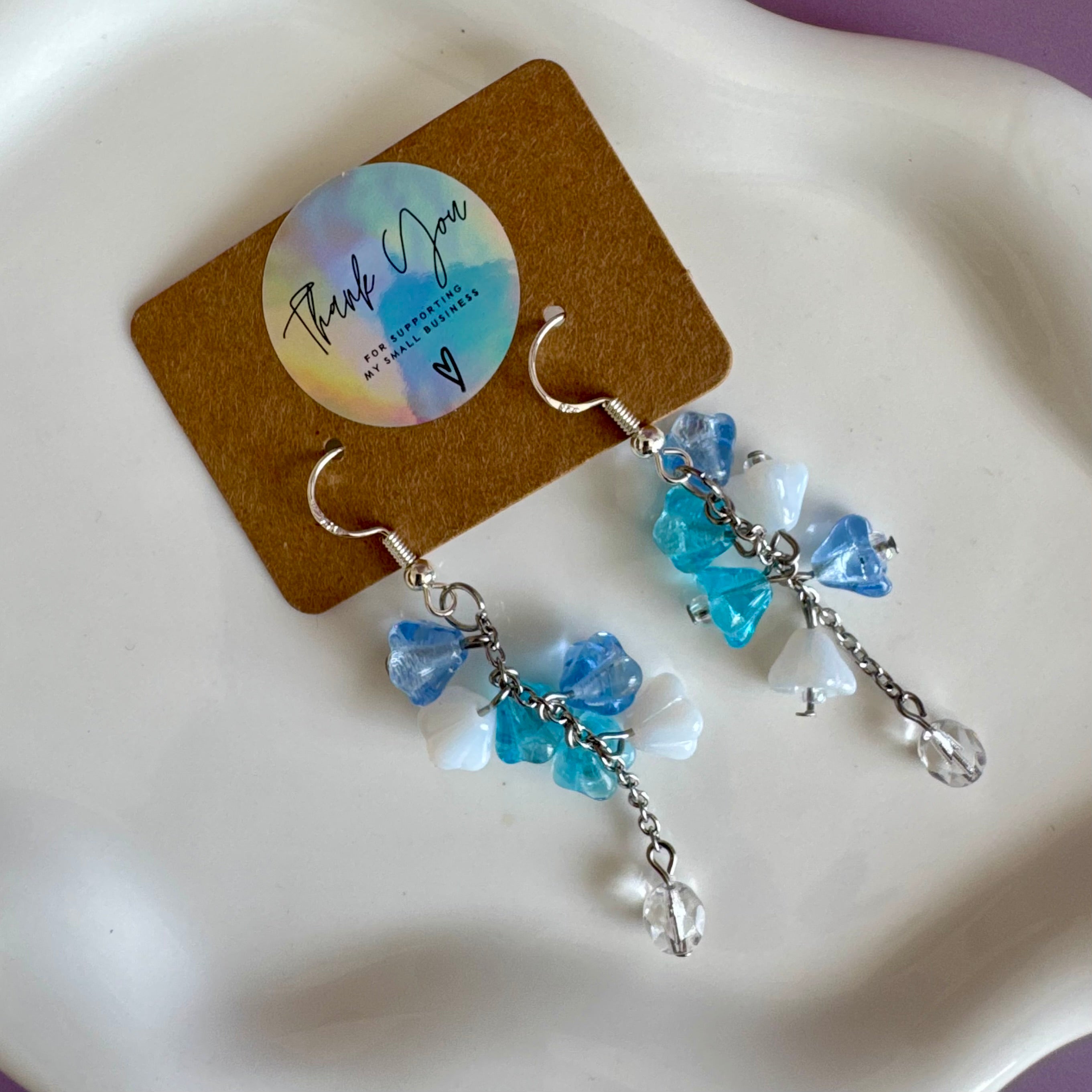 Blue and White Flower Bouquet Drop Earrings in Stainless Steel