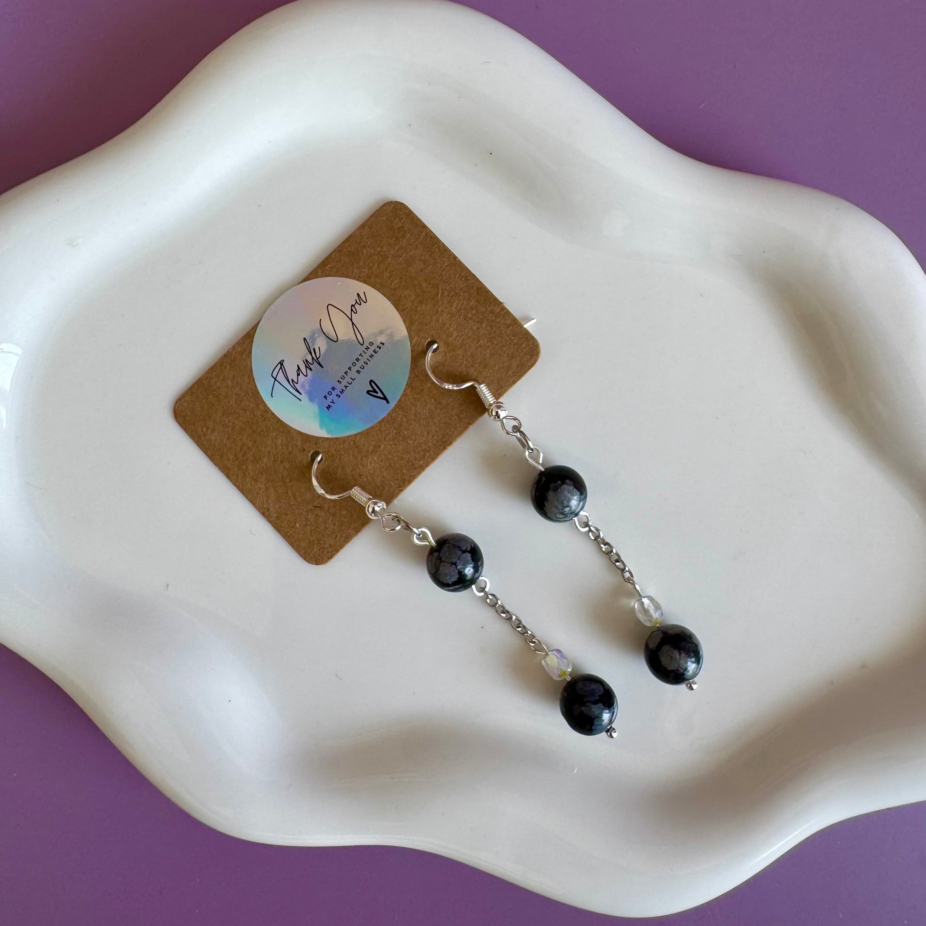 Stainless Steel Obsidian Drop Earrings