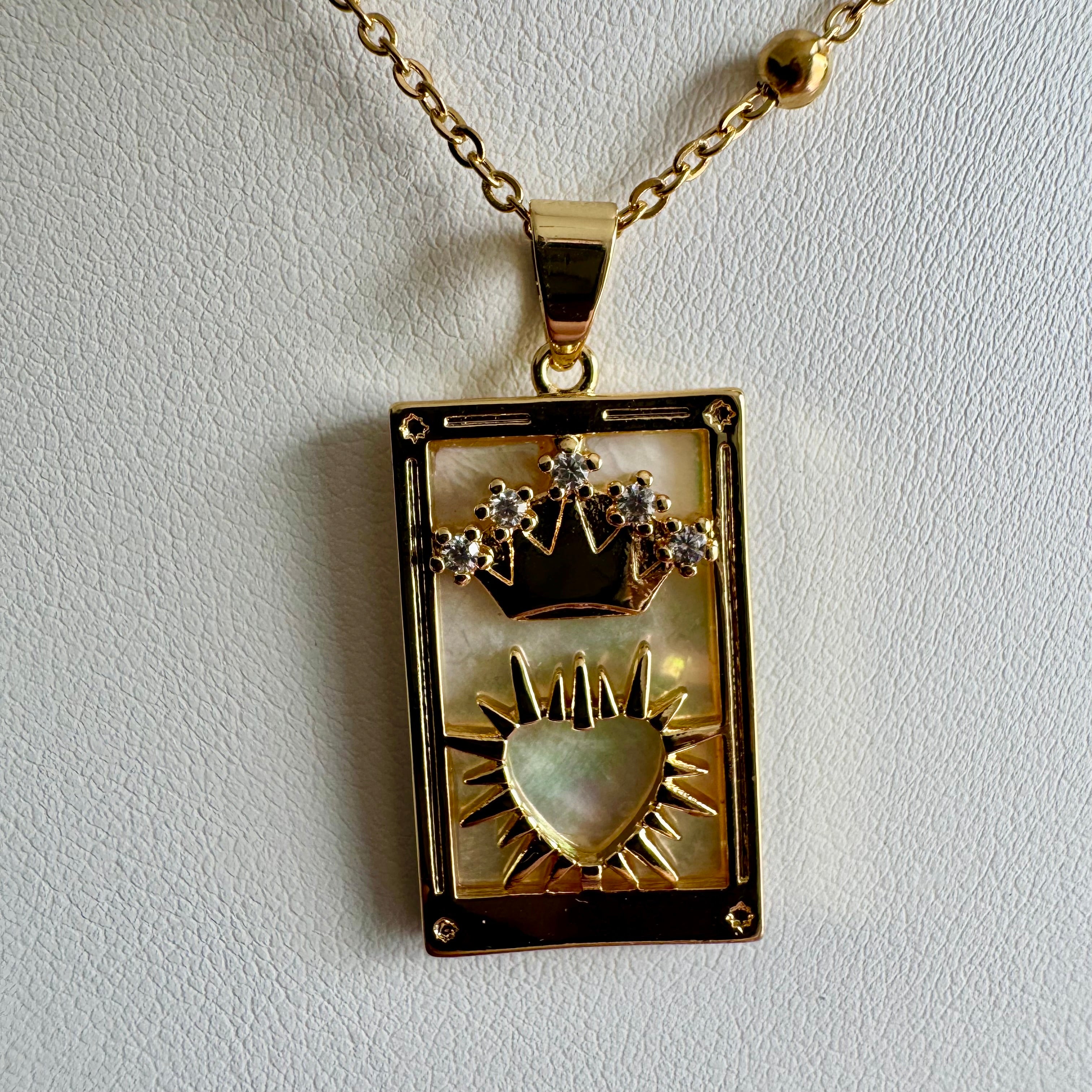 18k Gold Filled Mother of Pearl Tarot Card Necklace | Sacred Heart Crown Pendant | Satellite Chain Necklace