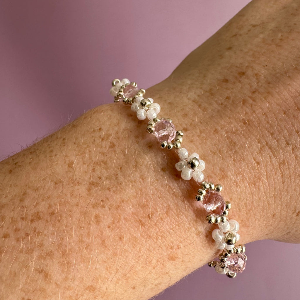 White Flower Miyuki Bracelet with Rose Rondelles | Sterling Silver