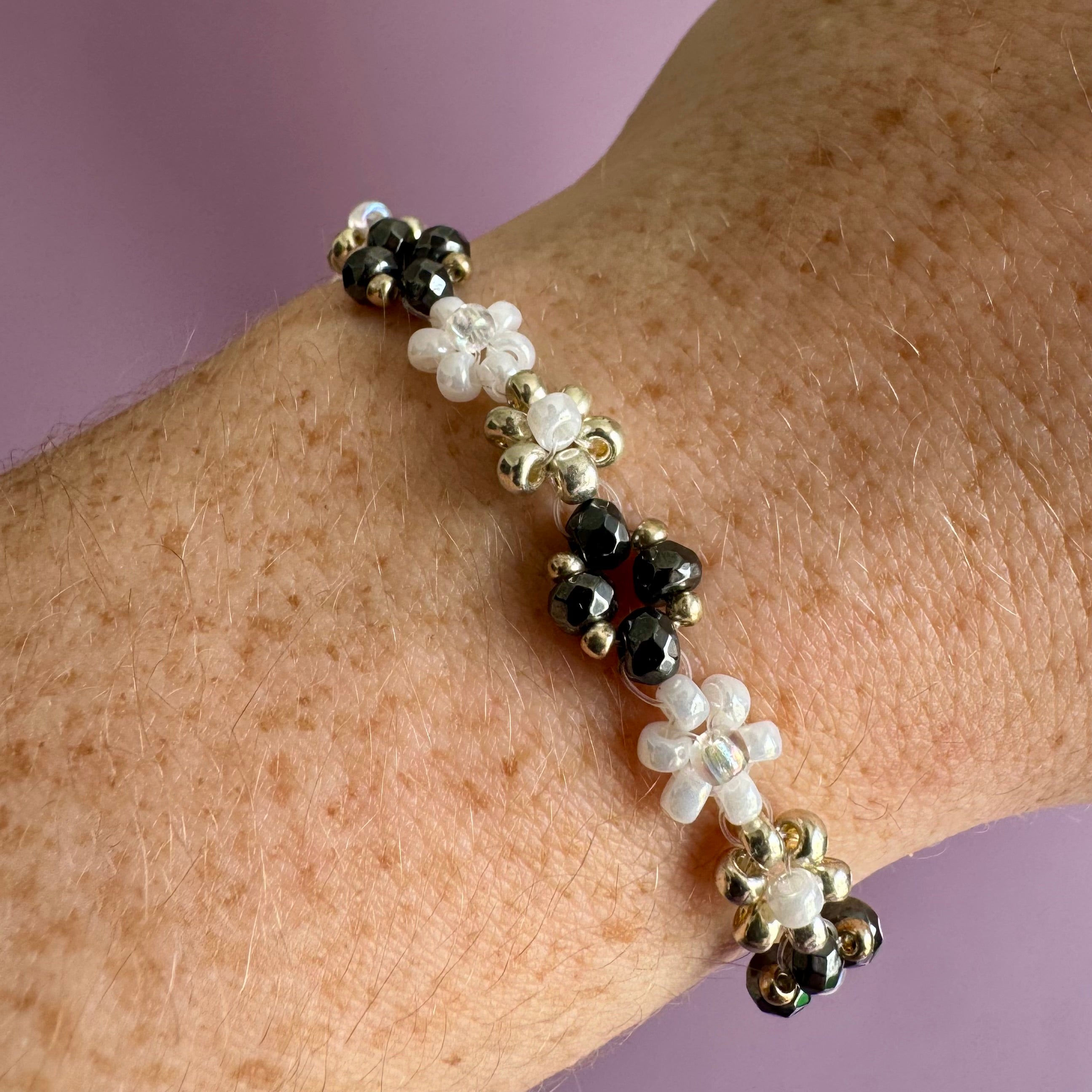 Black and White Flower Bracelet with Hematite | Sterling Silver