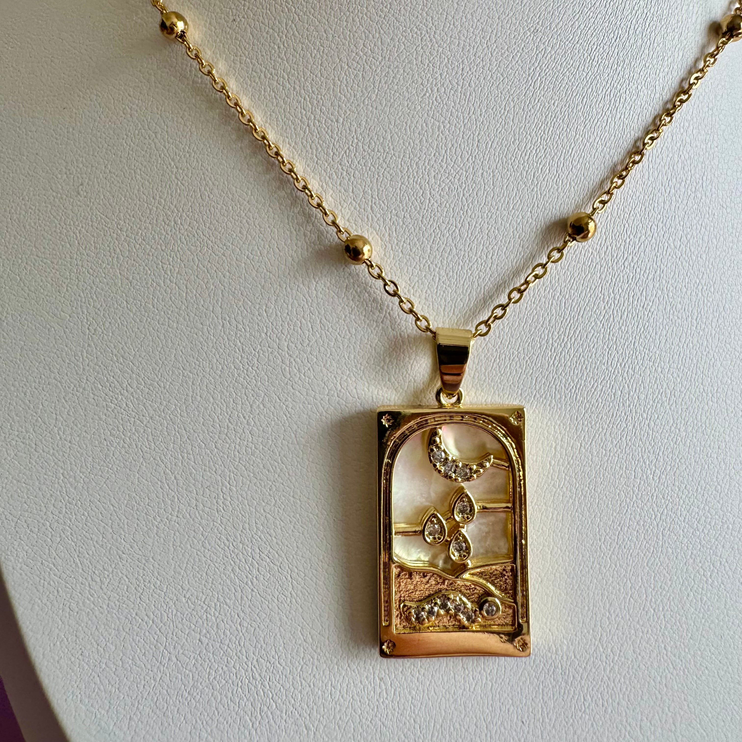 18k Gold Filled Mother of Pearl Tarot Card Necklace | Moon & Snake Pendant | Satellite Chain Necklace